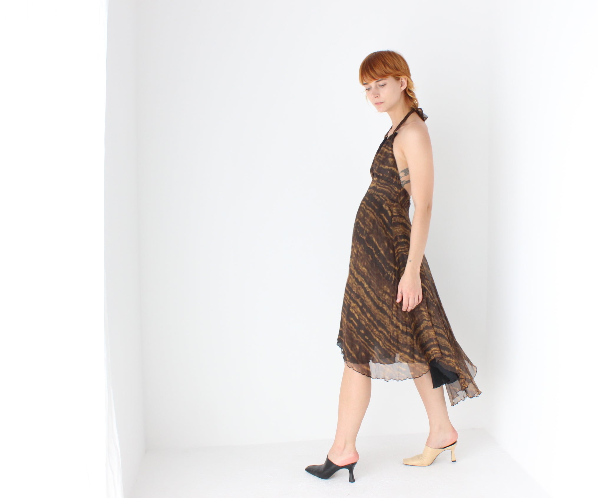 Iconic 2000s Pure Silk Plunge Neck Tiger Stripe Halter Dress