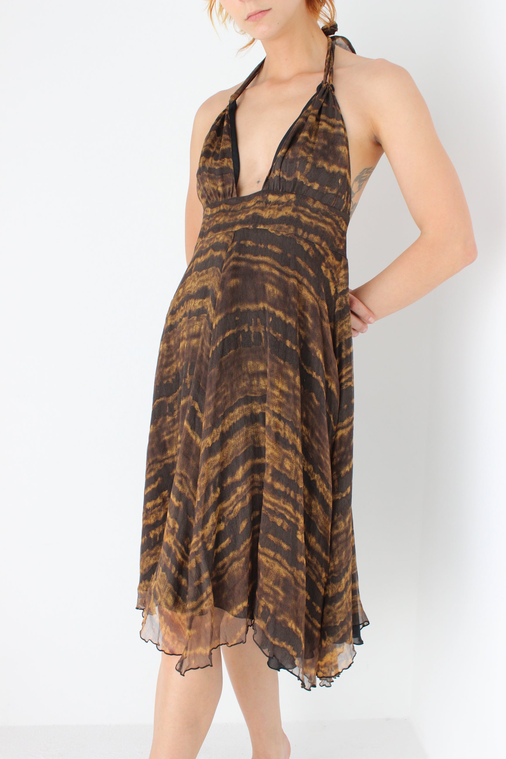 Iconic 2000s Pure Silk Plunge Neck Tiger Stripe Halter Dress
