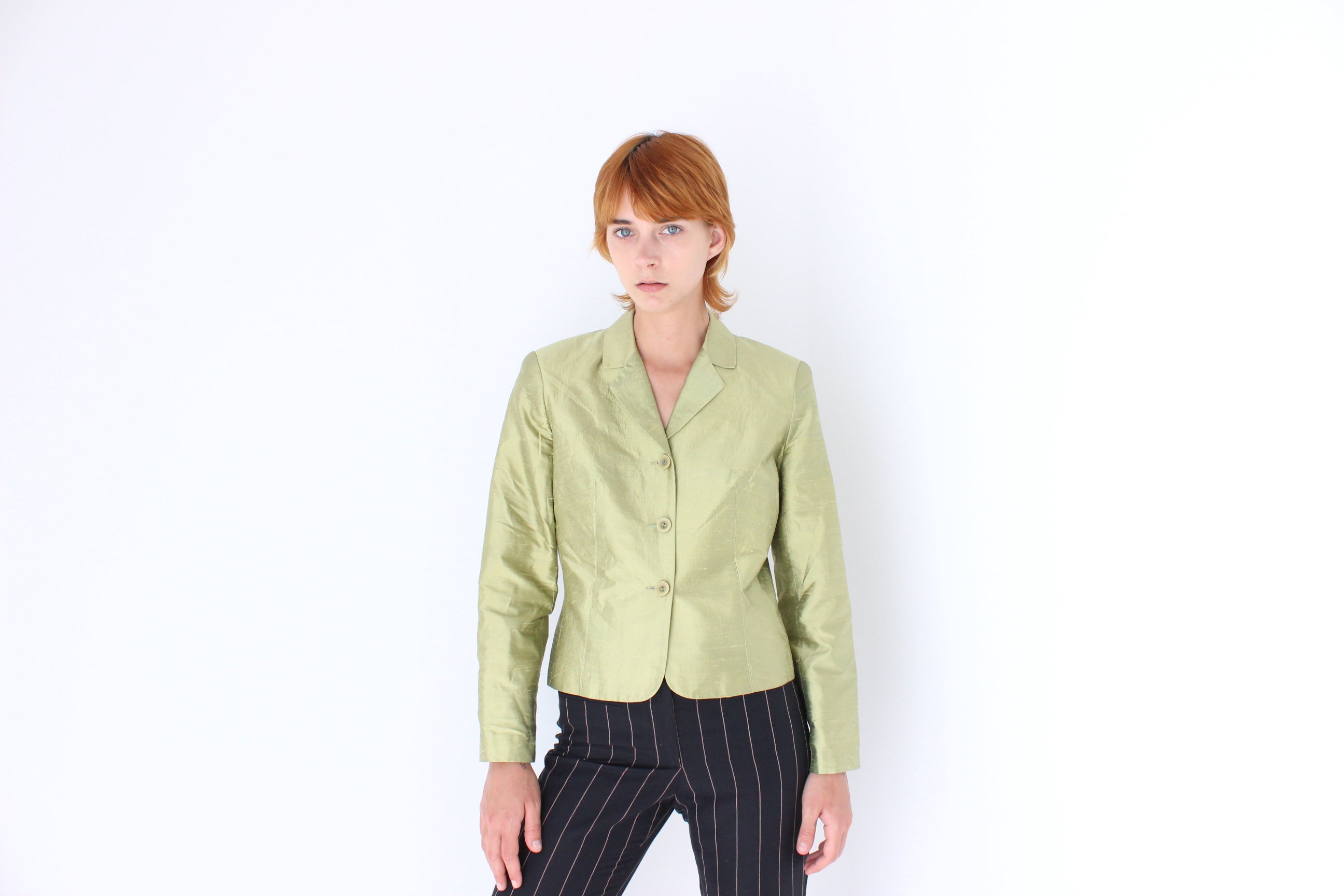 Y2K Olive Raw Silk Boxy Blazer