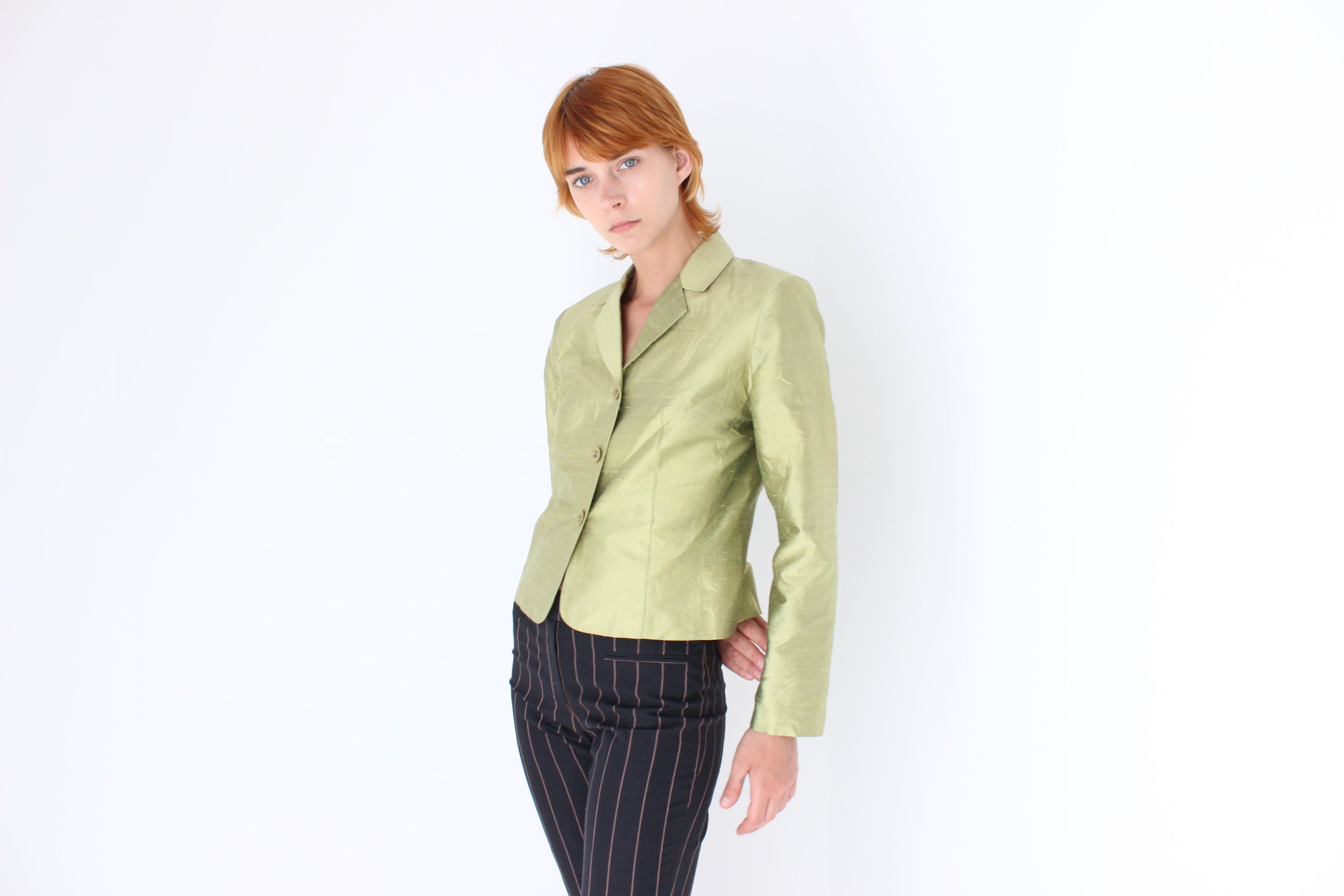 Y2K Olive Raw Silk Boxy Blazer