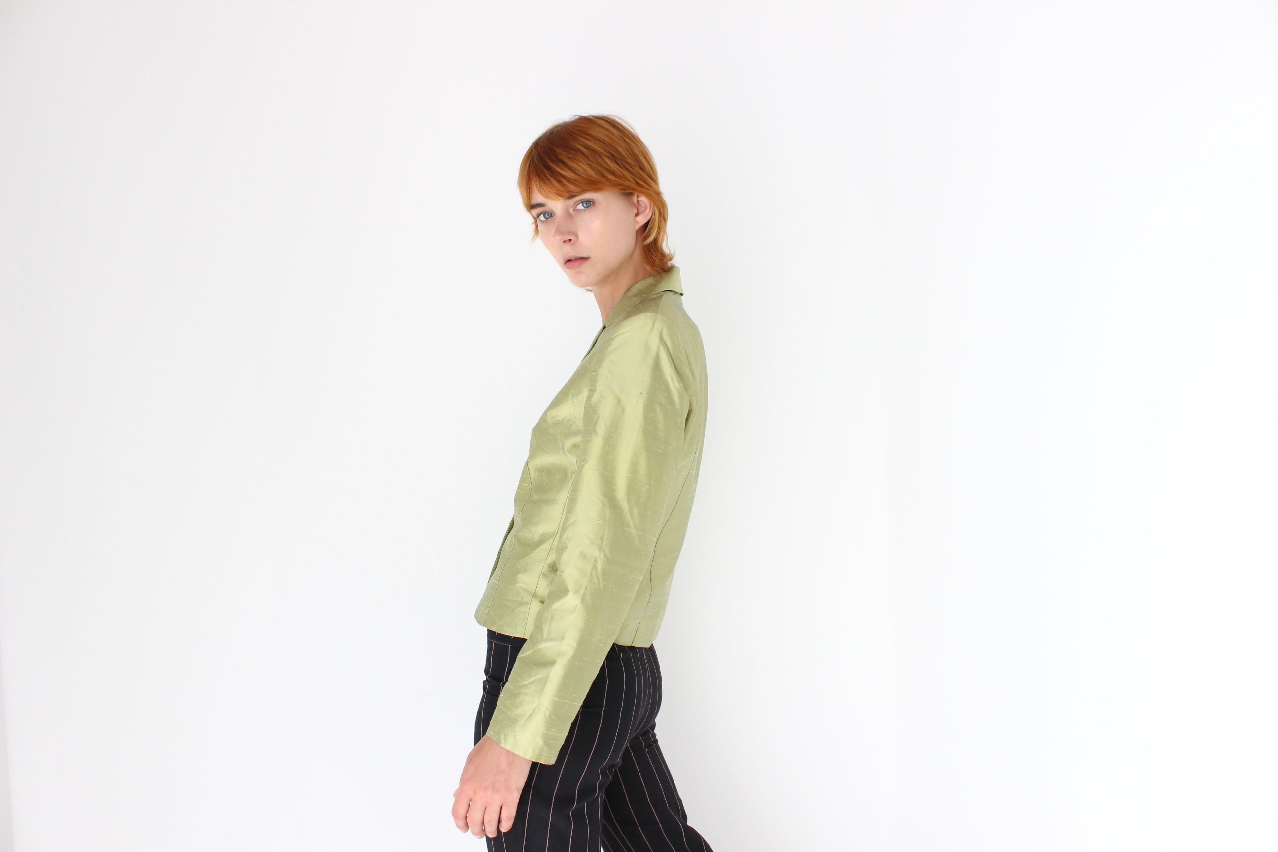 Y2K Olive Raw Silk Boxy Blazer