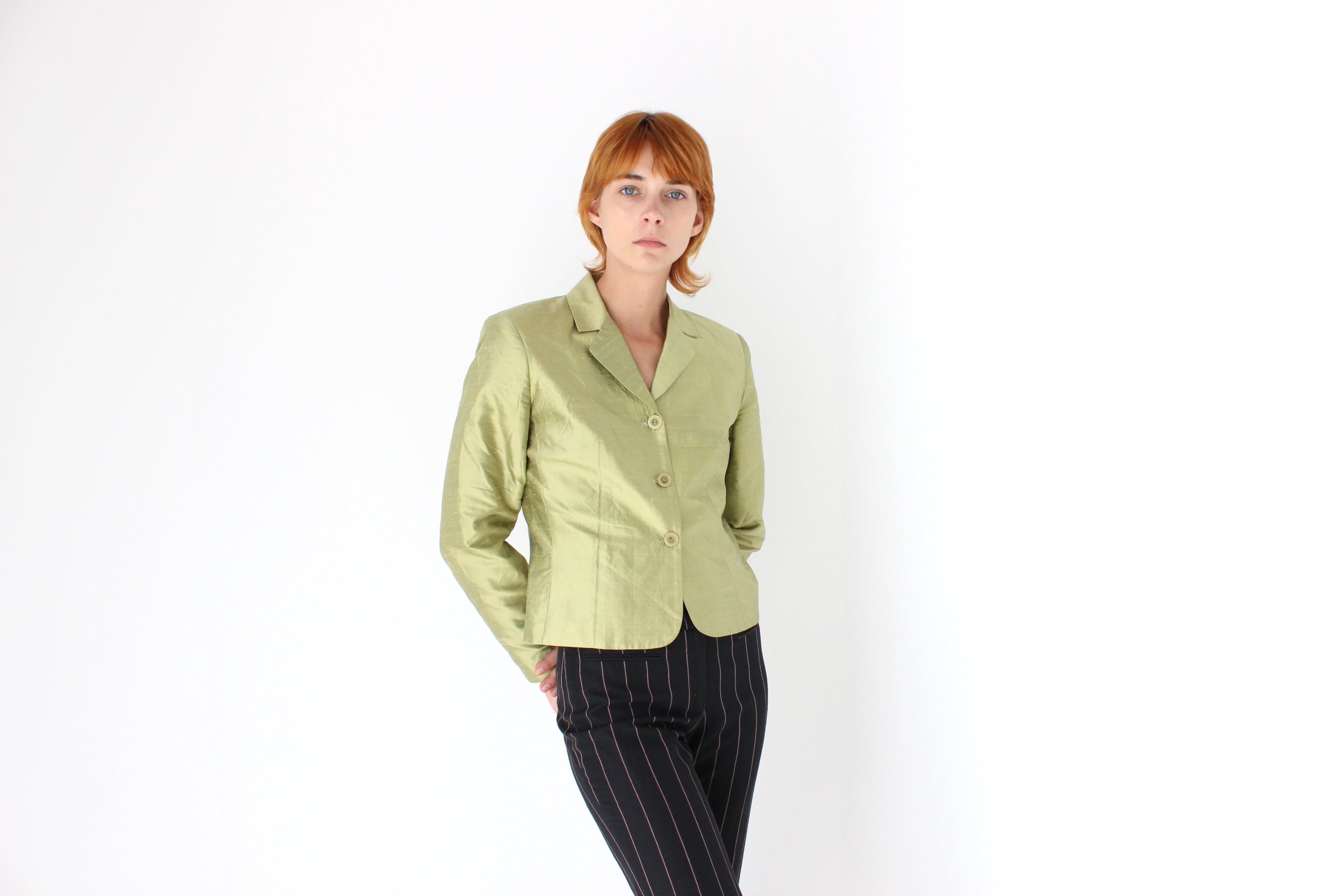 Y2K Olive Raw Silk Boxy Blazer