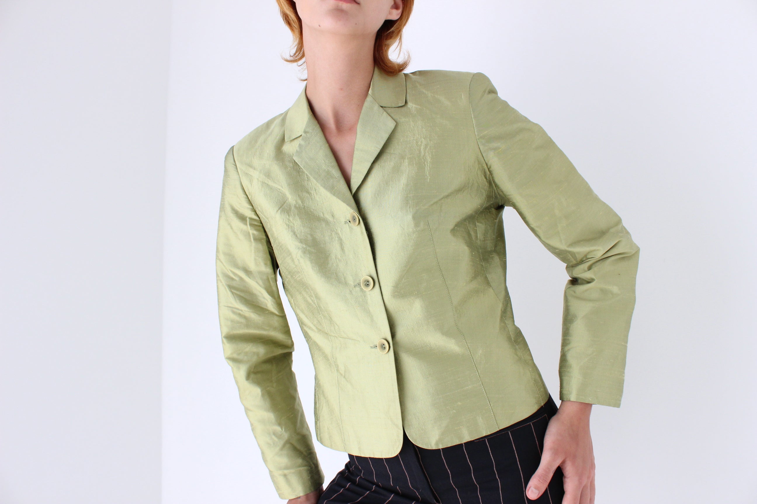 Y2K Olive Raw Silk Boxy Blazer