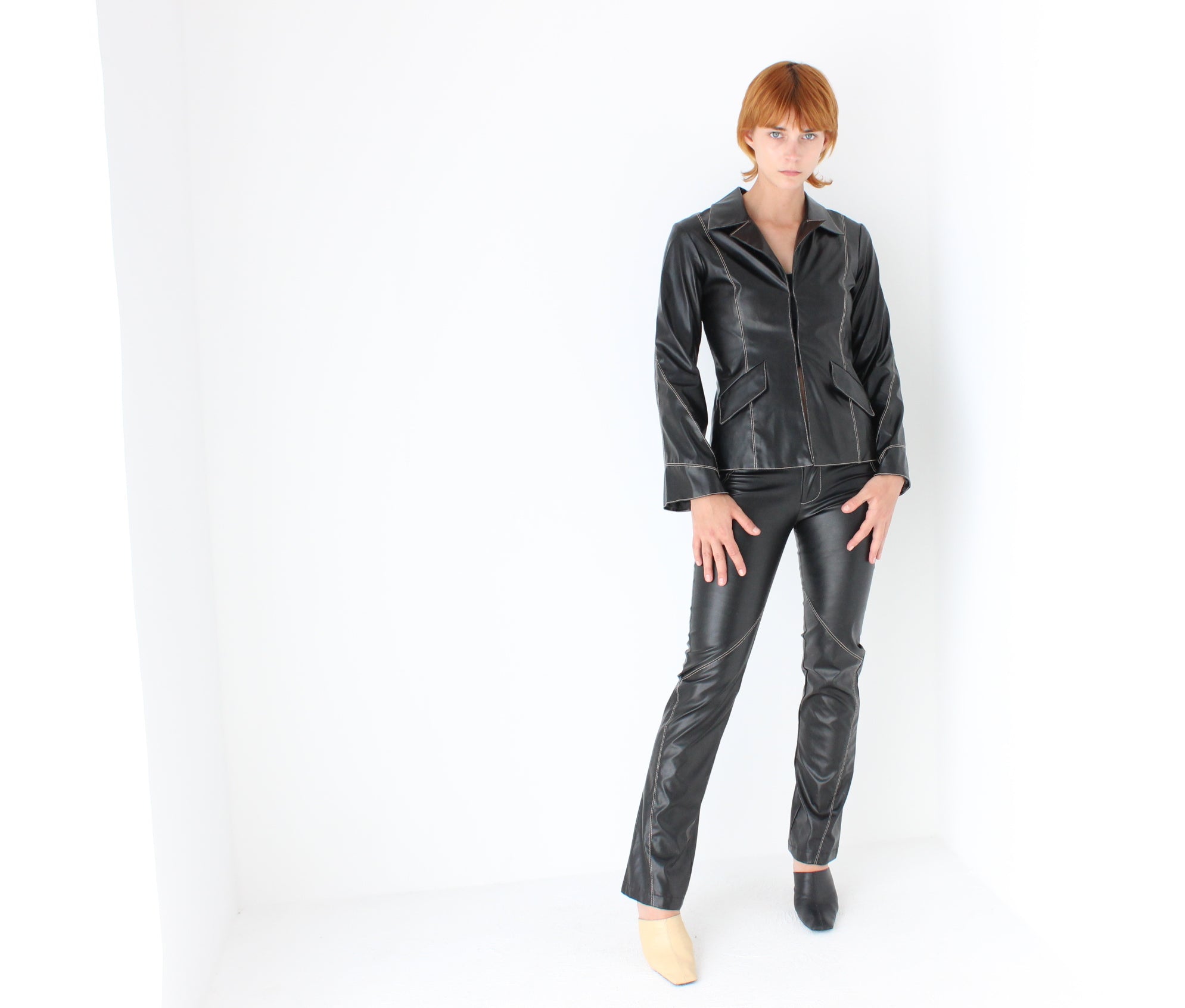 Y2K Latex-Look Vinyl Leather Two Piece Suit