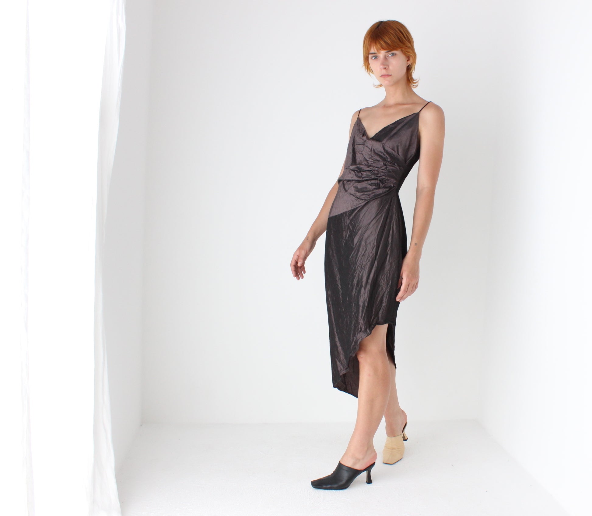 2000s Iridescent Crinkle Taffeta Asymmetric Dress