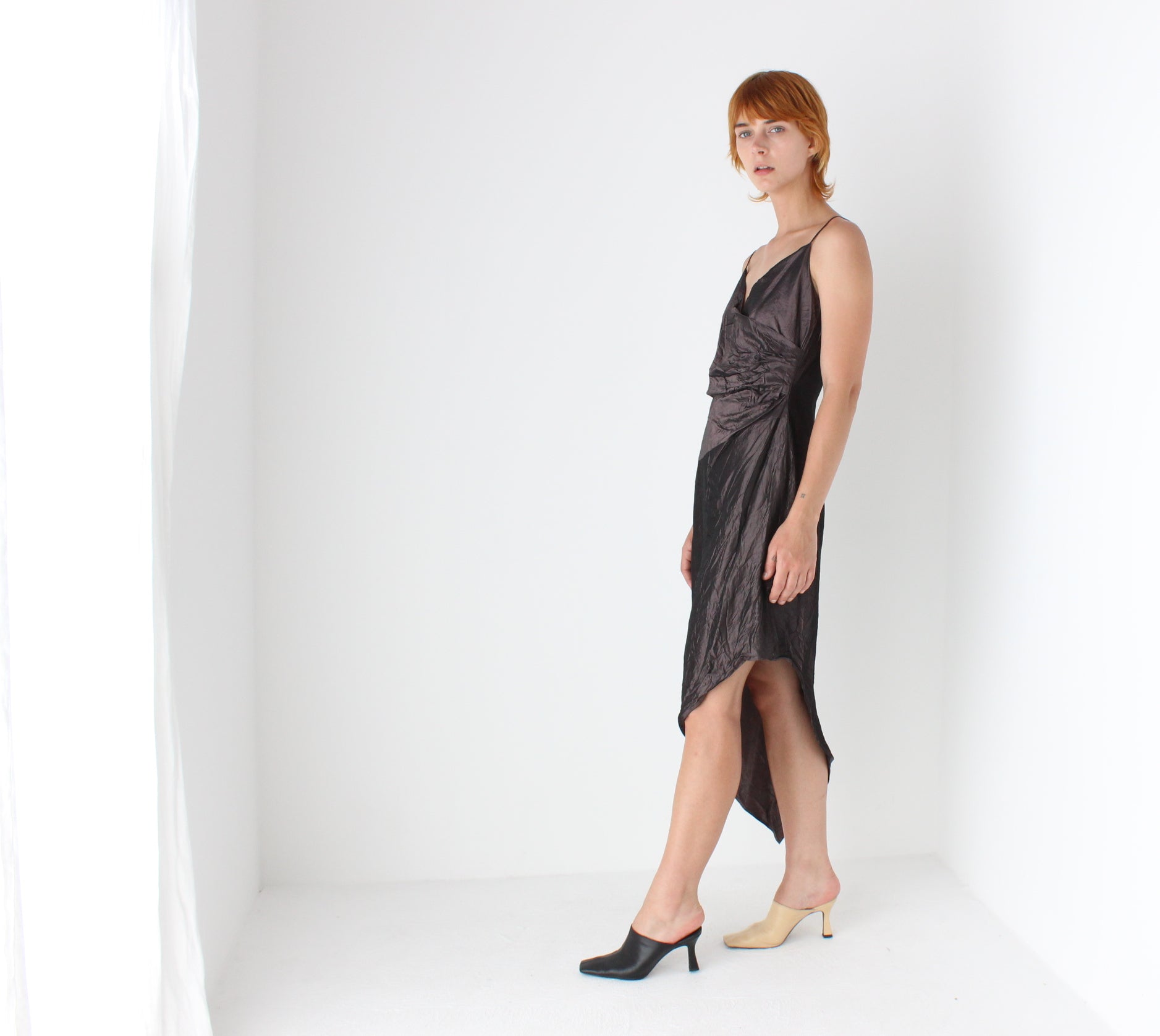 2000s Iridescent Crinkle Taffeta Asymmetric Dress