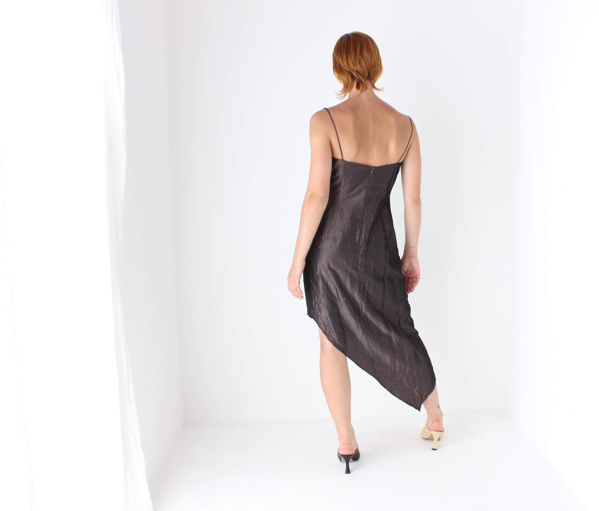 2000s Iridescent Crinkle Taffeta Asymmetric Dress