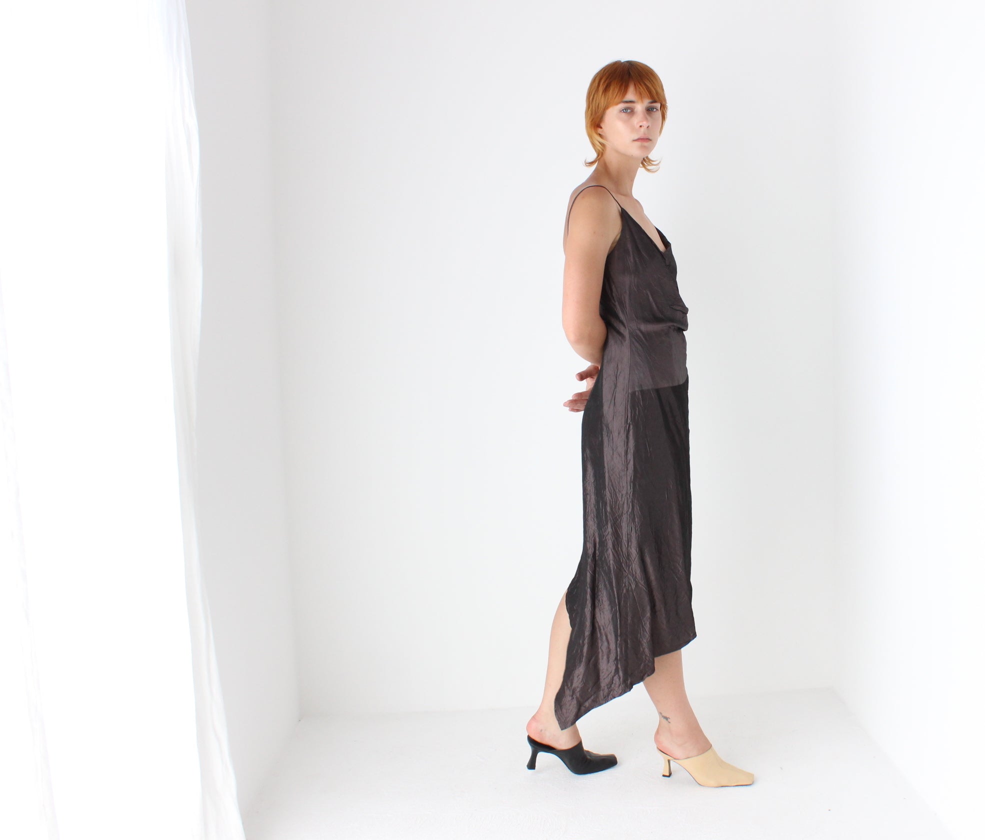 2000s Iridescent Crinkle Taffeta Asymmetric Dress