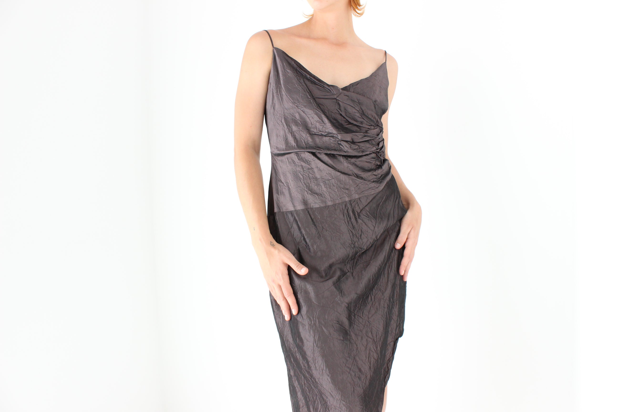 2000s Iridescent Crinkle Taffeta Asymmetric Dress