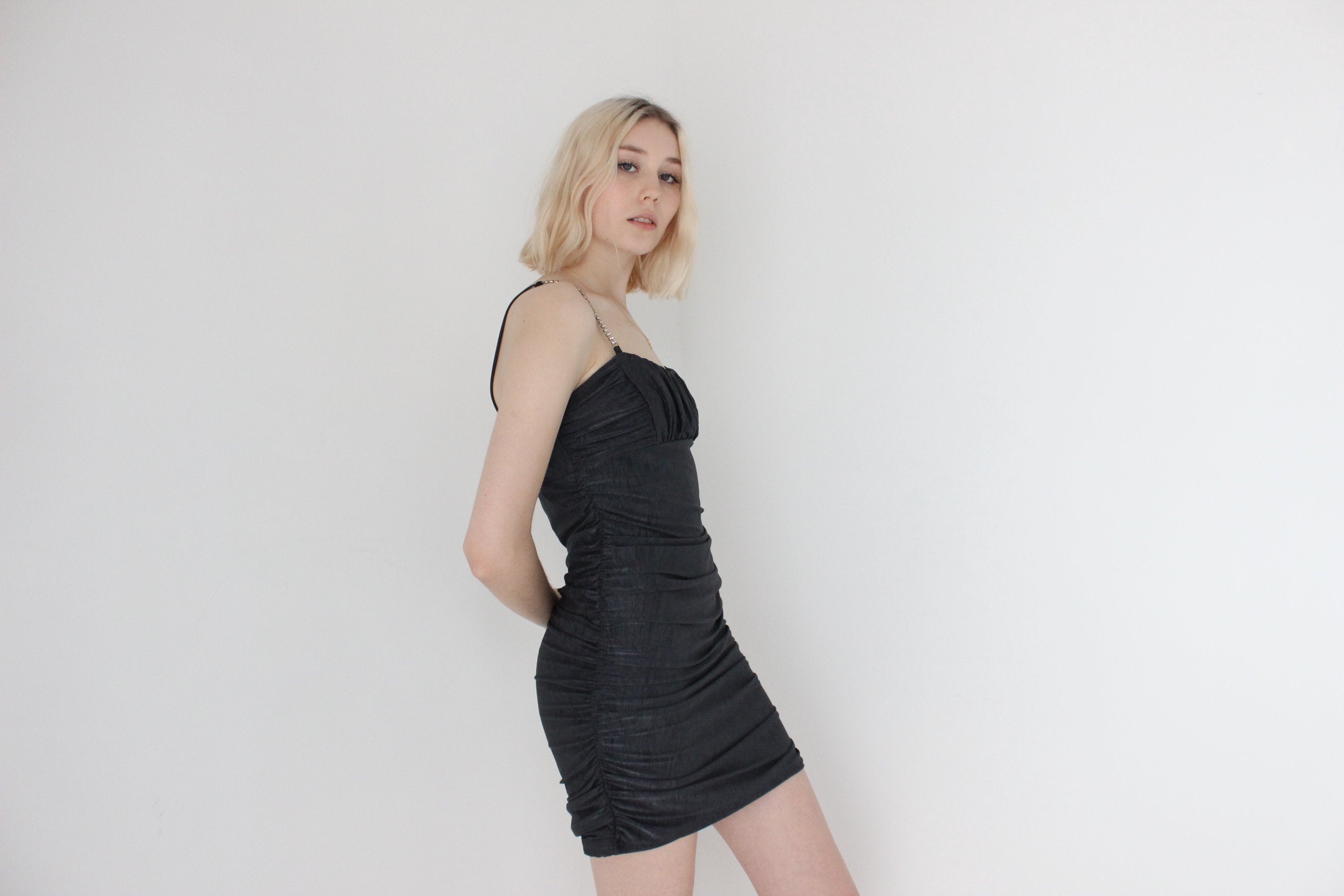 Y2K Sexy Ruched Lycra & Diamonte Strap Bandage / Bodycon Club Dress