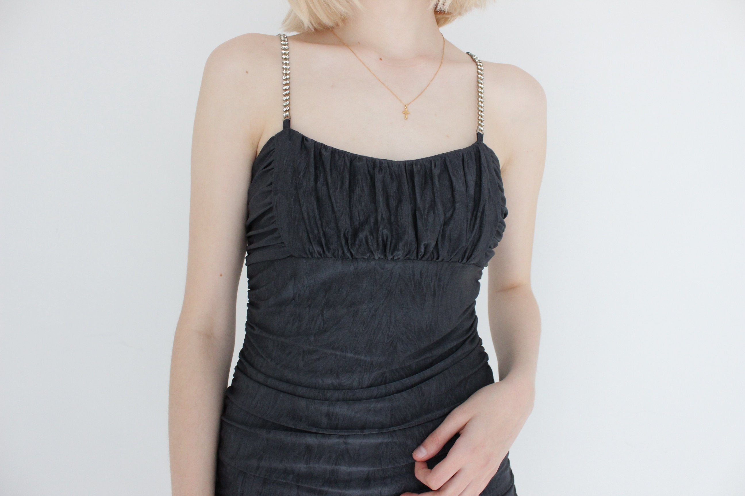 Y2K Sexy Ruched Lycra & Diamonte Strap Bandage / Bodycon Club Dress