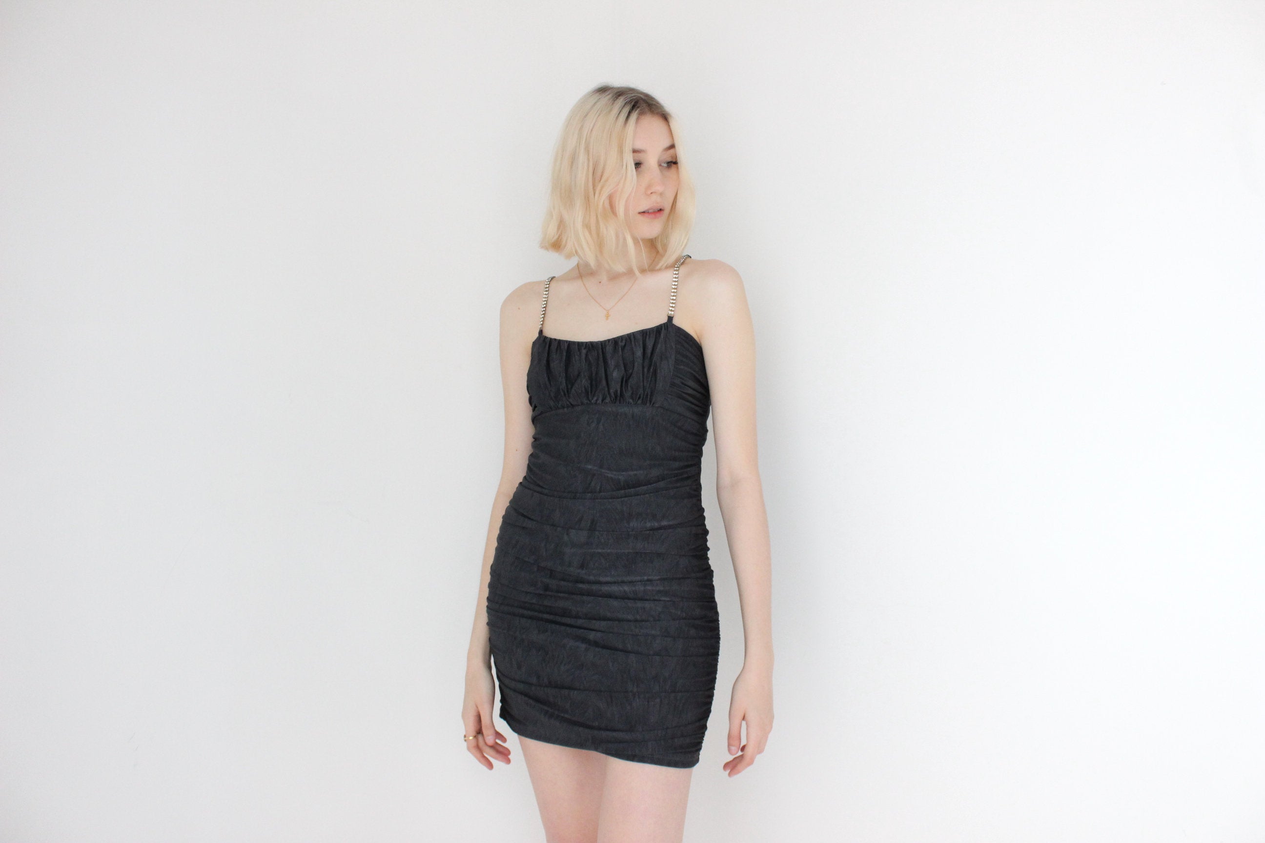 Y2K Sexy Ruched Lycra & Diamonte Strap Bandage / Bodycon Club Dress