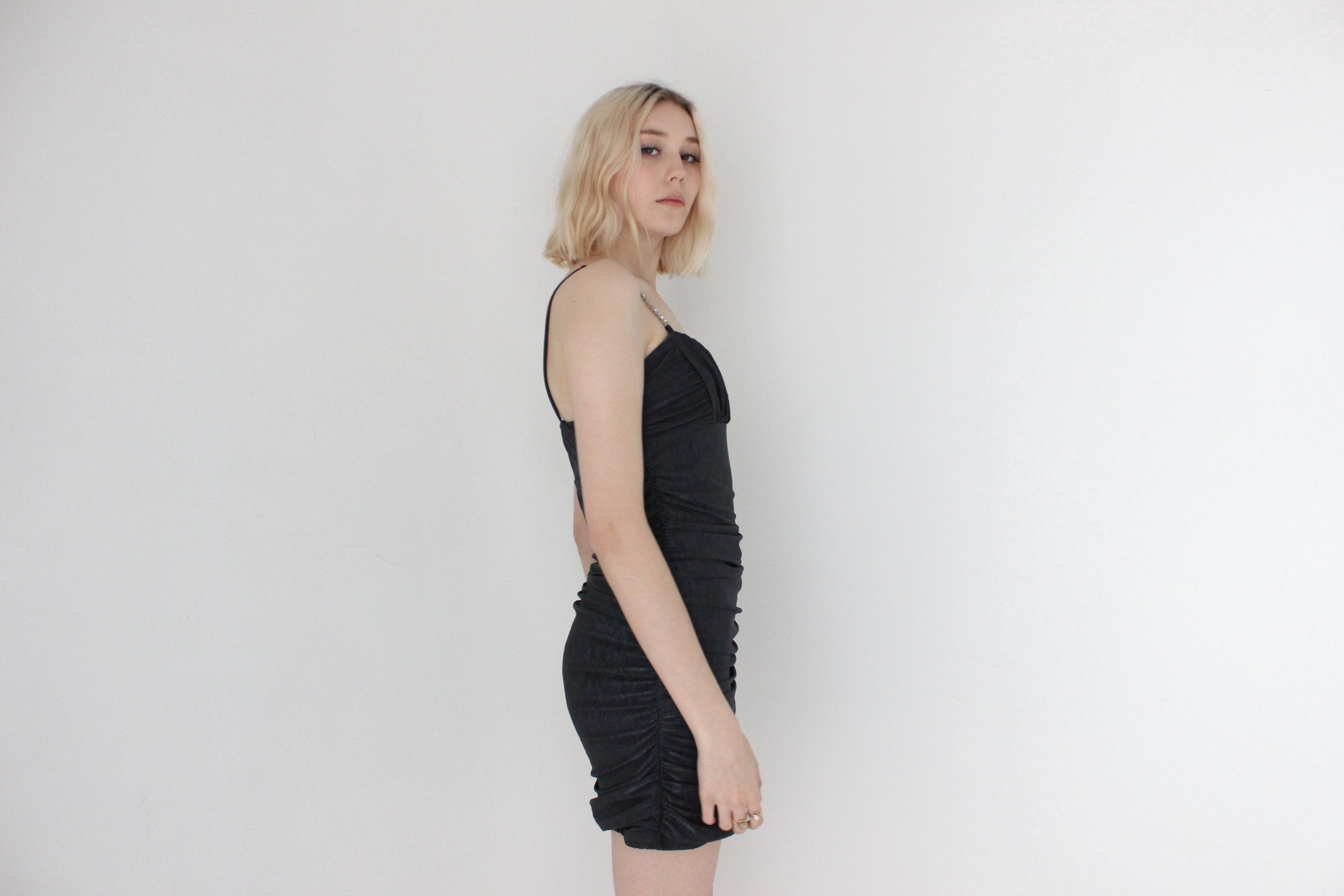 Y2K Sexy Ruched Lycra & Diamonte Strap Bandage / Bodycon Club Dress