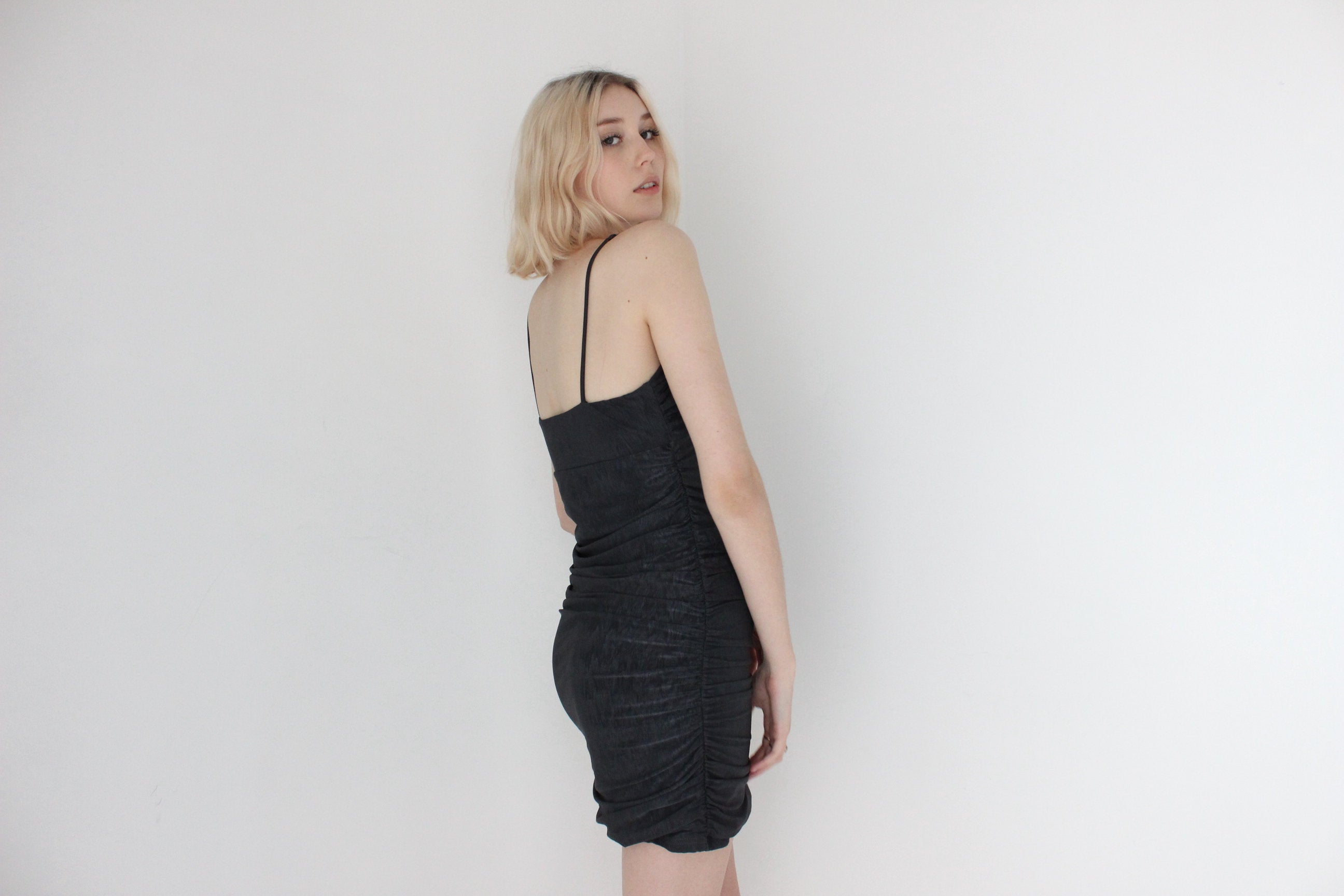 Y2K Sexy Ruched Lycra & Diamonte Strap Bandage / Bodycon Club Dress