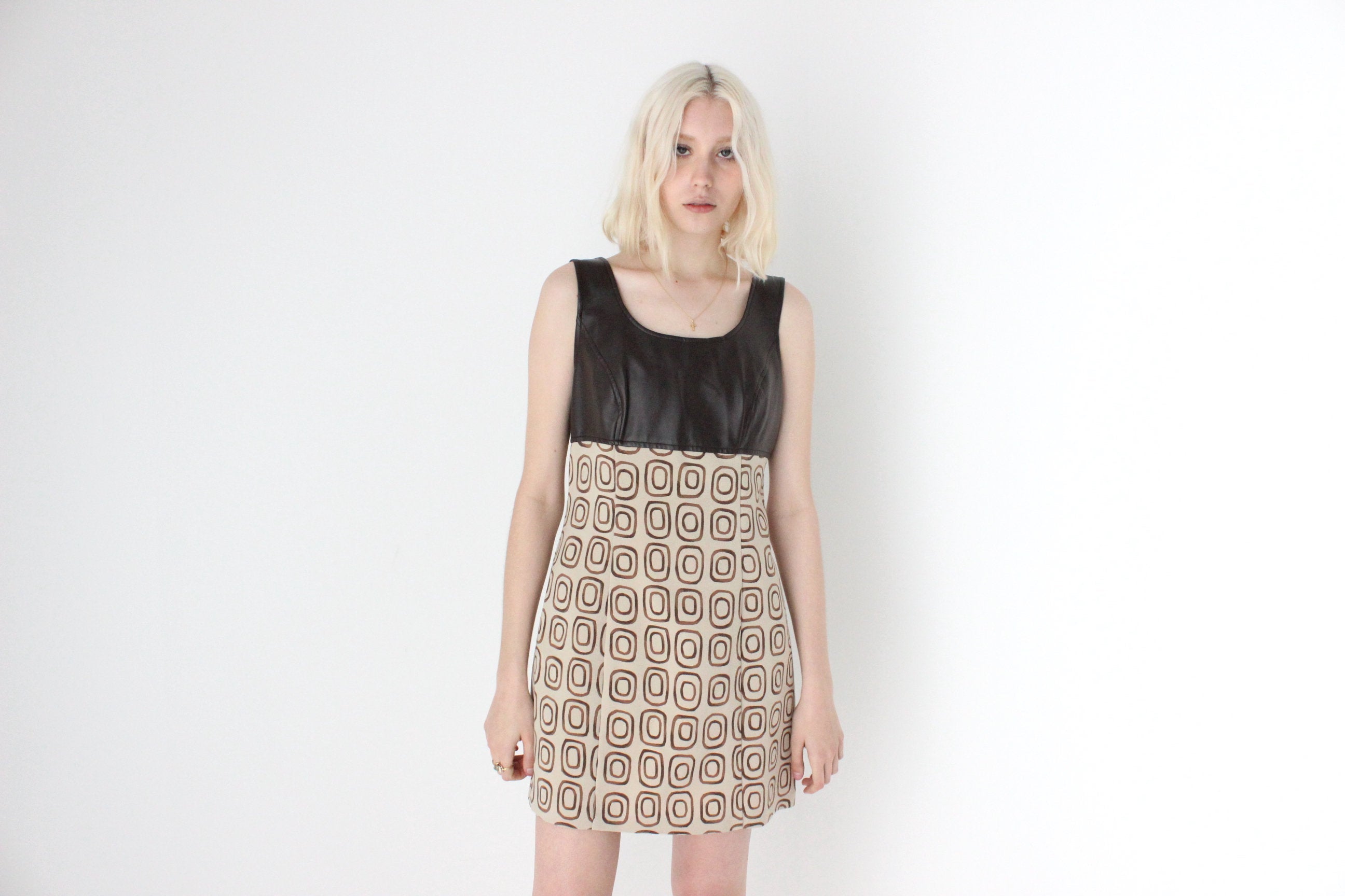 90s "XOXO" Chocolate Vinyl & Painterly Print Mini Shift Dress
