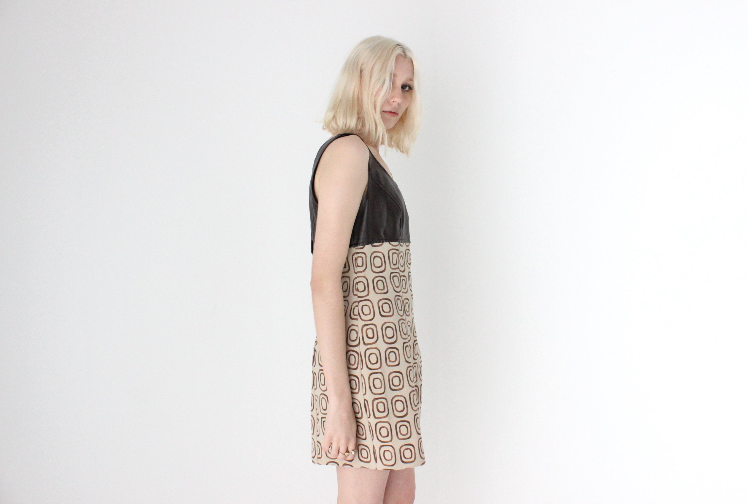 90s "XOXO" Chocolate Vinyl & Painterly Print Mini Shift Dress