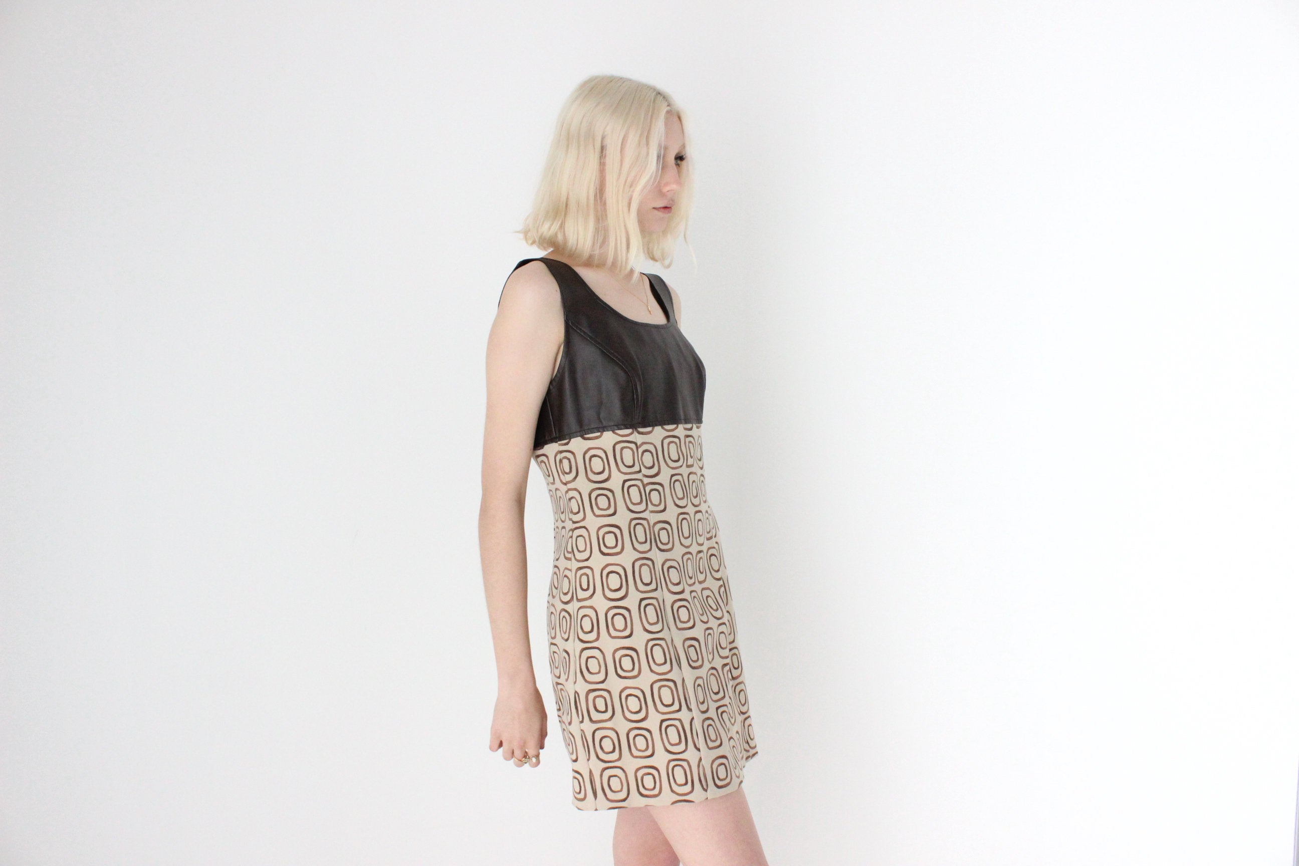 90s "XOXO" Chocolate Vinyl & Painterly Print Mini Shift Dress