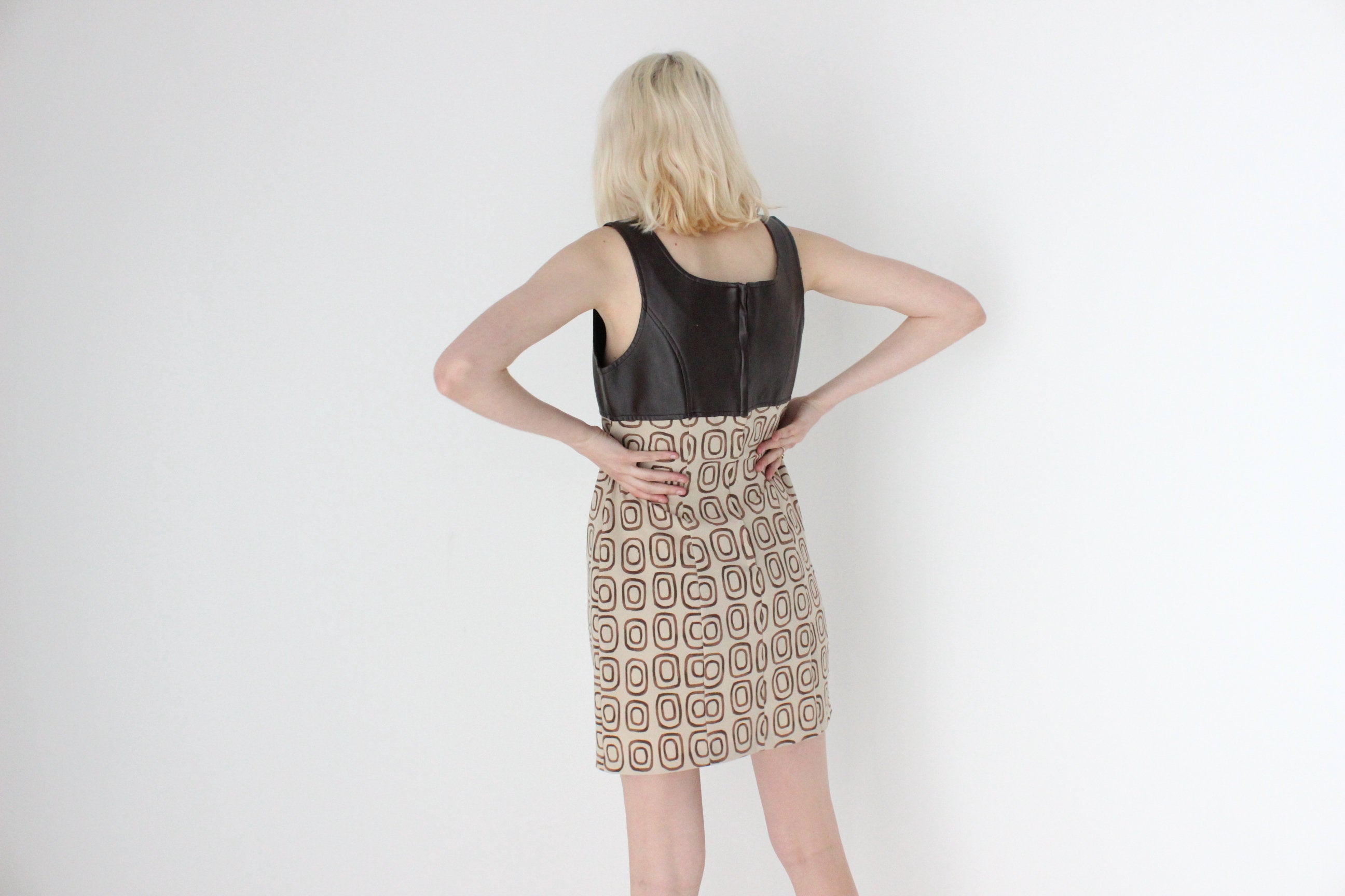90s "XOXO" Chocolate Vinyl & Painterly Print Mini Shift Dress