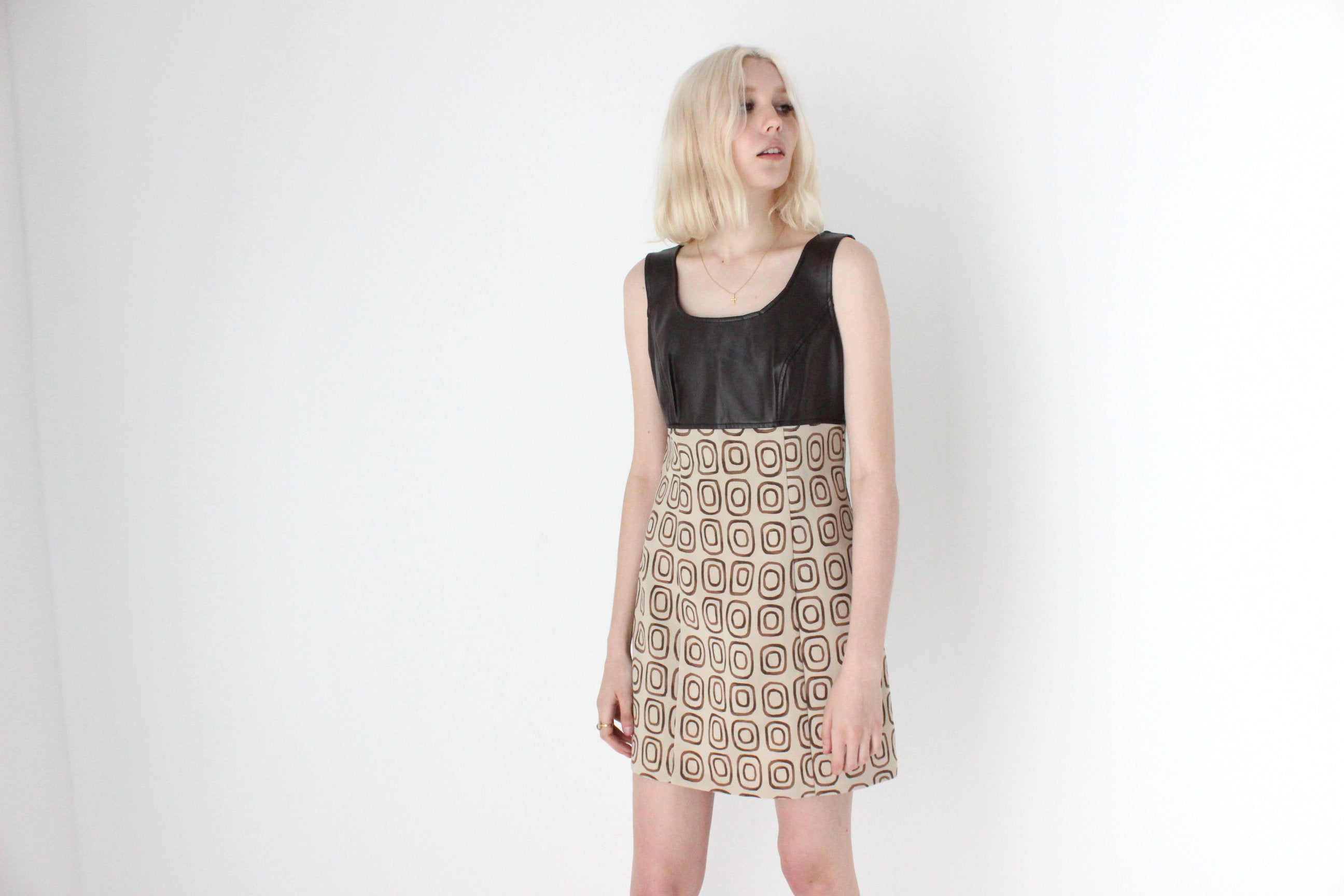 90s "XOXO" Chocolate Vinyl & Painterly Print Mini Shift Dress