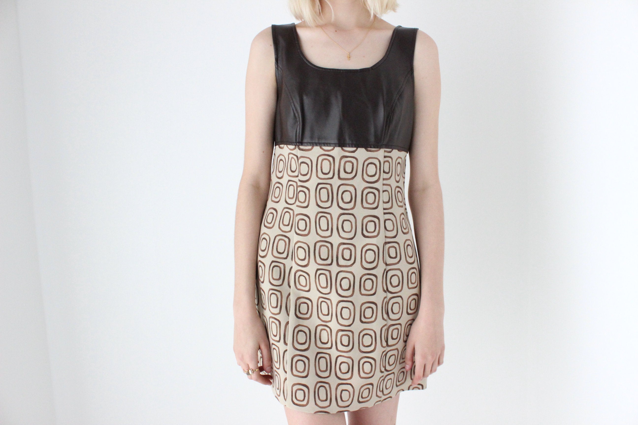 90s "XOXO" Chocolate Vinyl & Painterly Print Mini Shift Dress