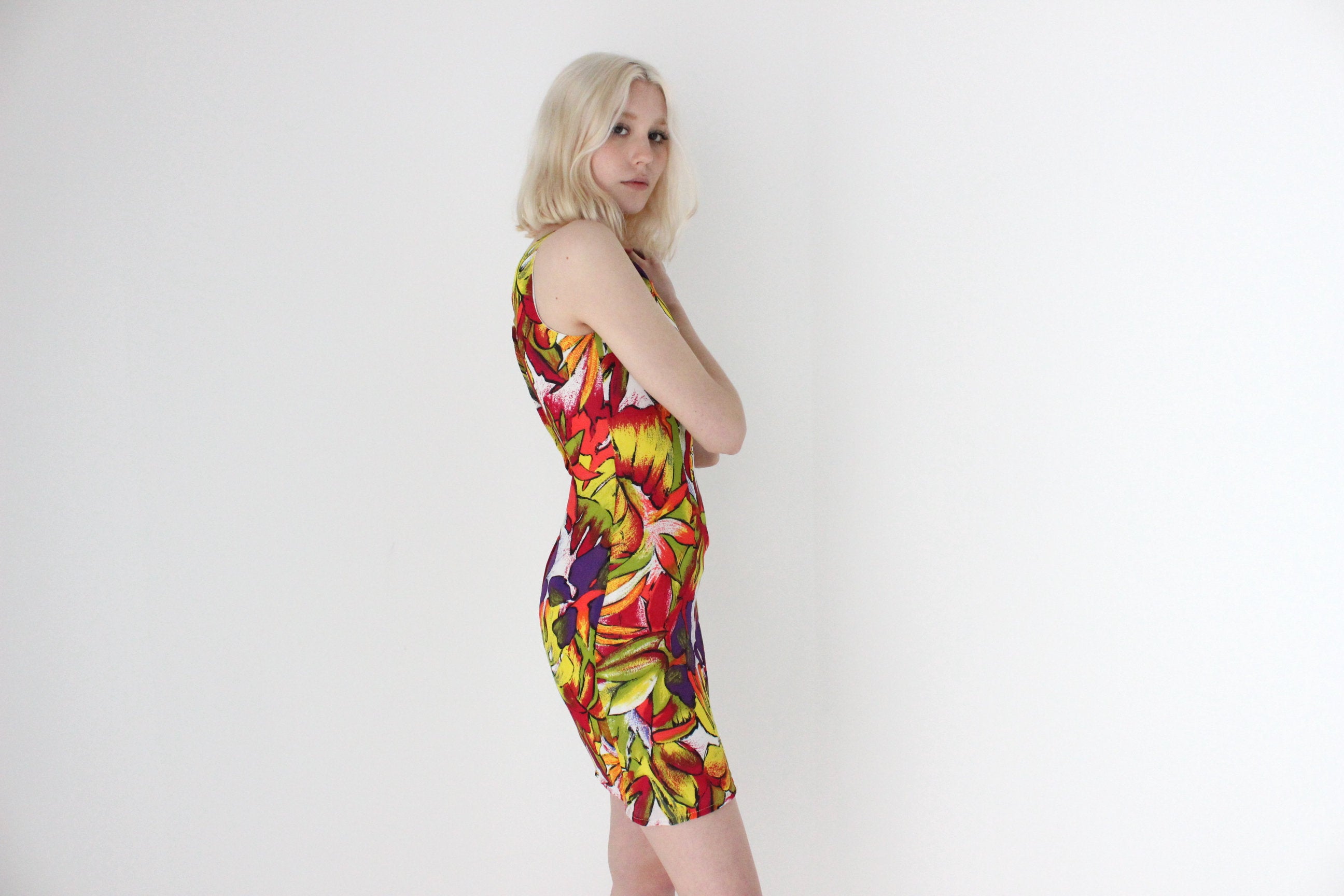 90s Tropical Fruit Salad Rainbow Fitted Mini Dress