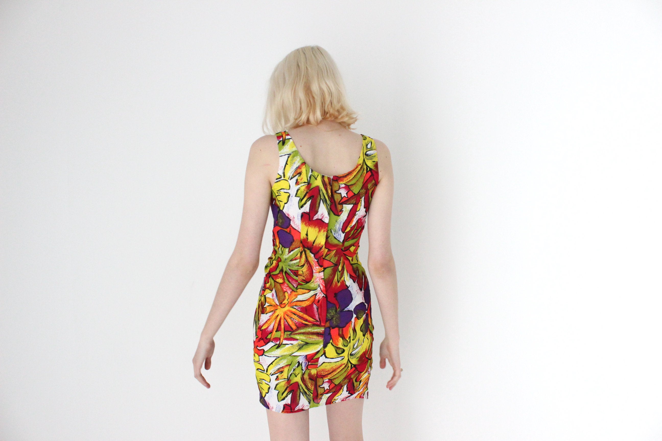 90s Tropical Fruit Salad Rainbow Fitted Mini Dress