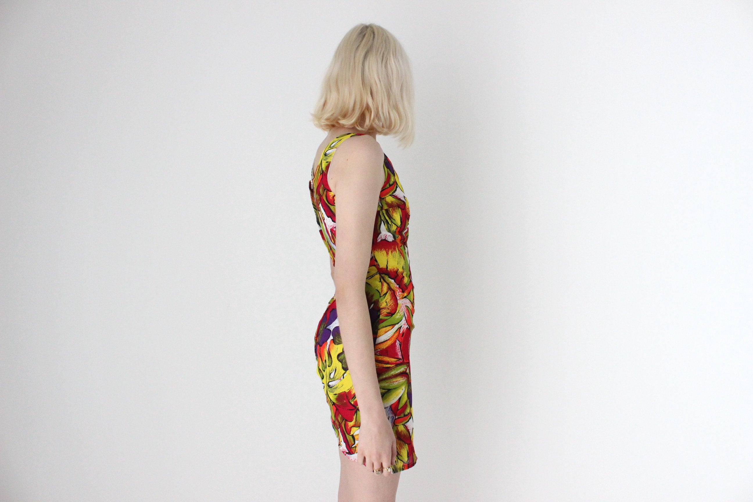 90s Tropical Fruit Salad Rainbow Fitted Mini Dress