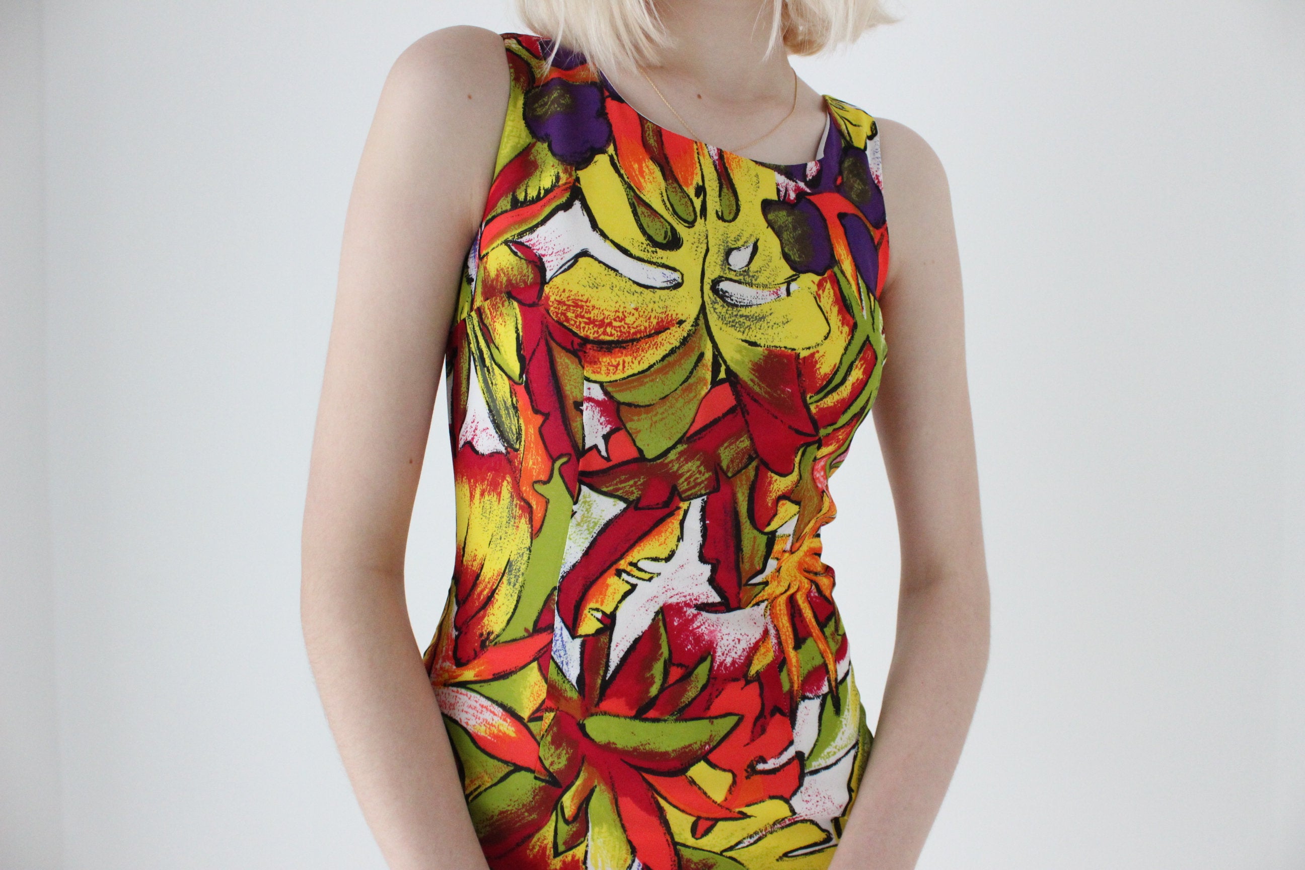 90s Tropical Fruit Salad Rainbow Fitted Mini Dress