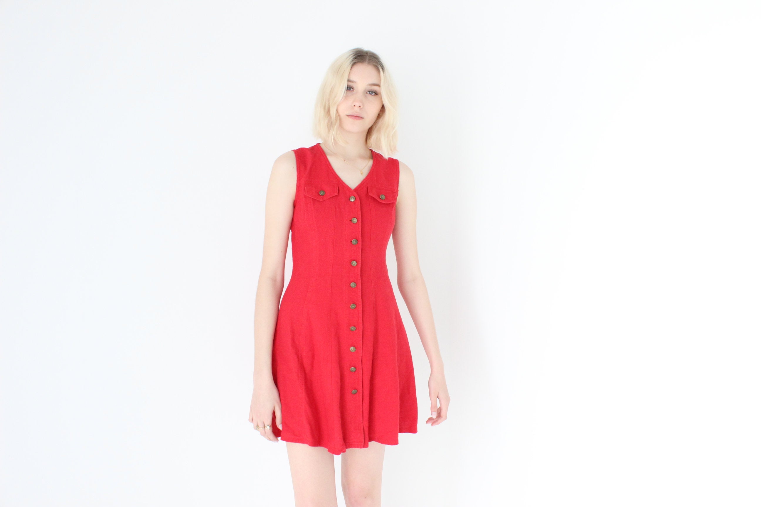 90s Cotton Linen Classic Denim Look Button Up Grunge Mini Dress