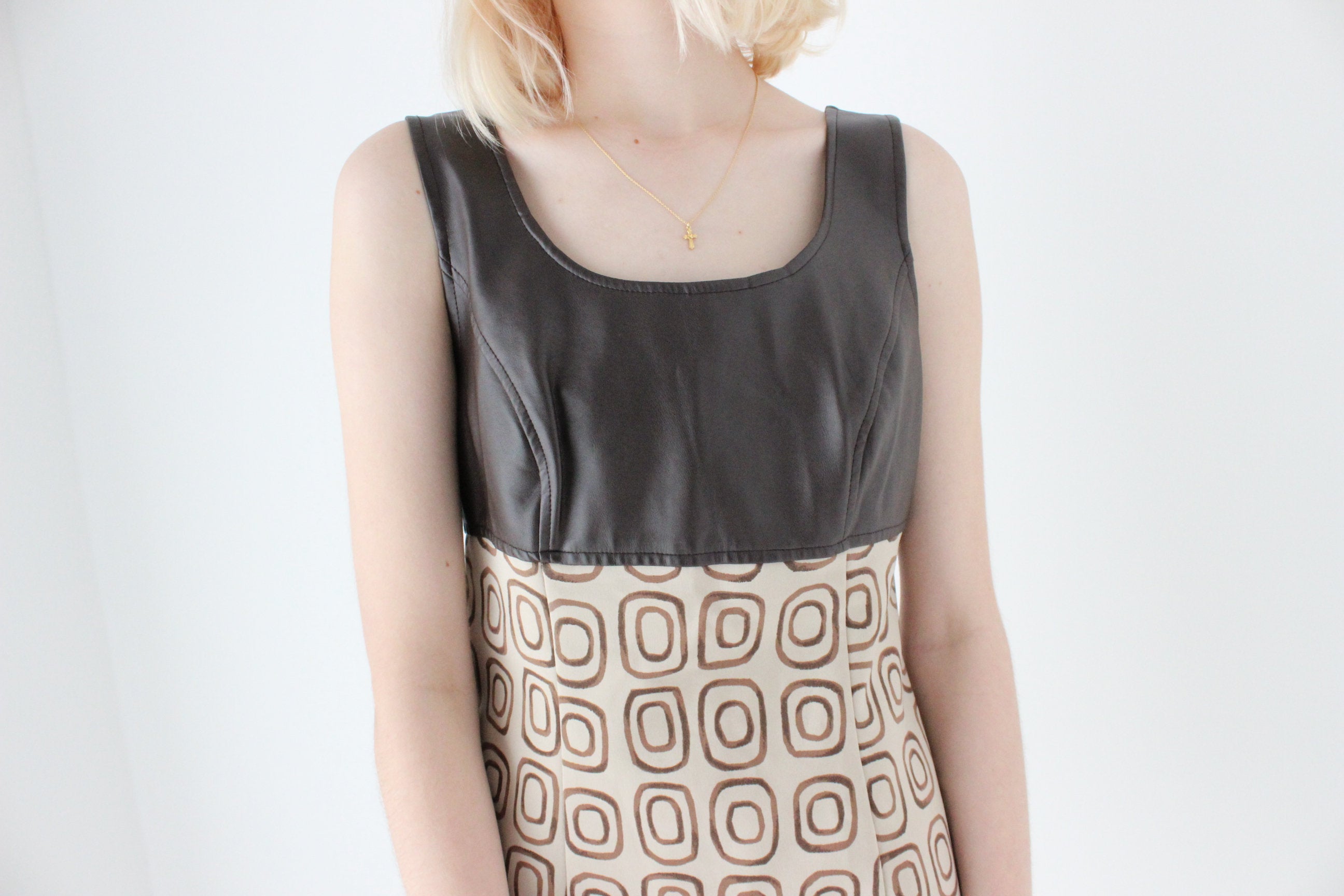 90s "XOXO" Chocolate Vinyl & Painterly Print Mini Shift Dress