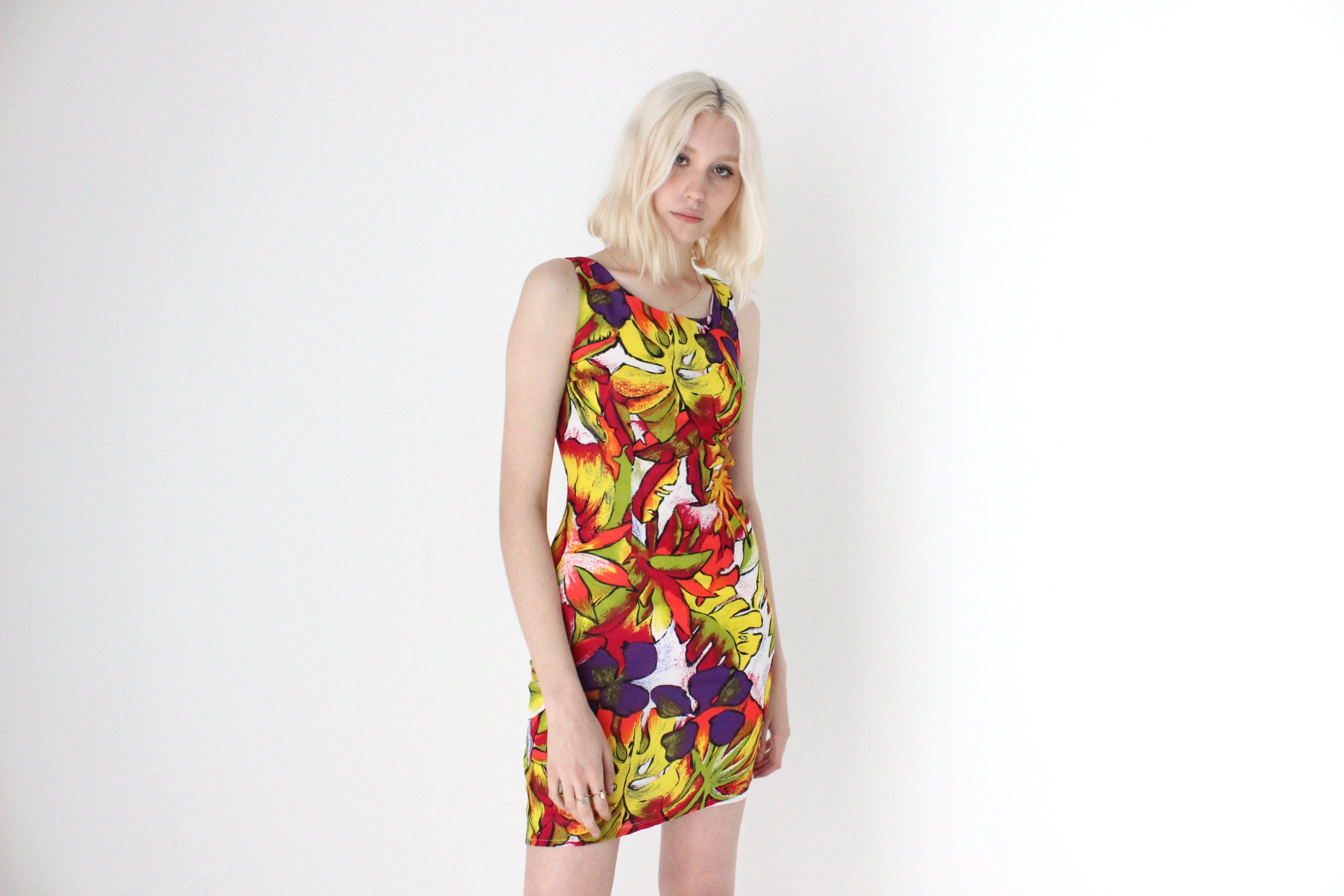 90s Tropical Fruit Salad Rainbow Fitted Mini Dress