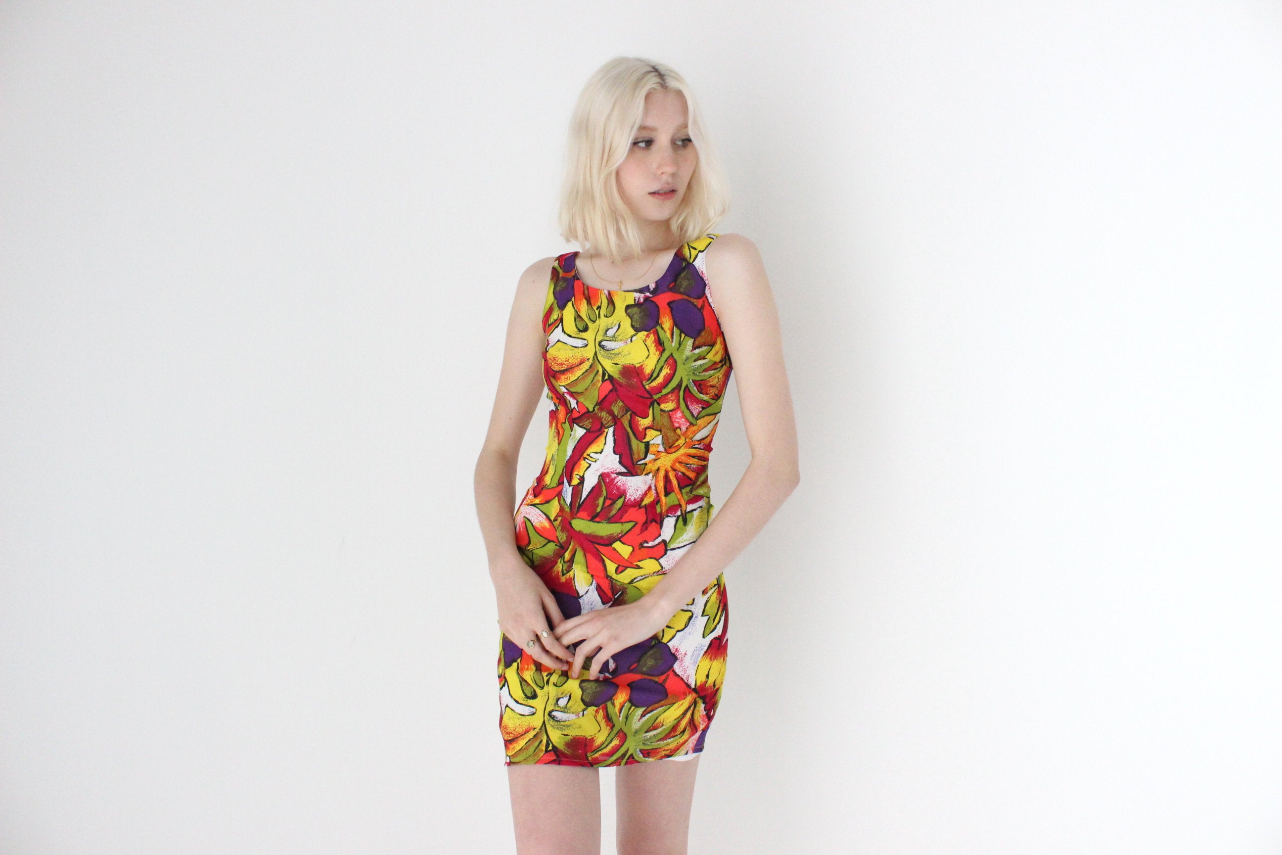 90s Tropical Fruit Salad Rainbow Fitted Mini Dress