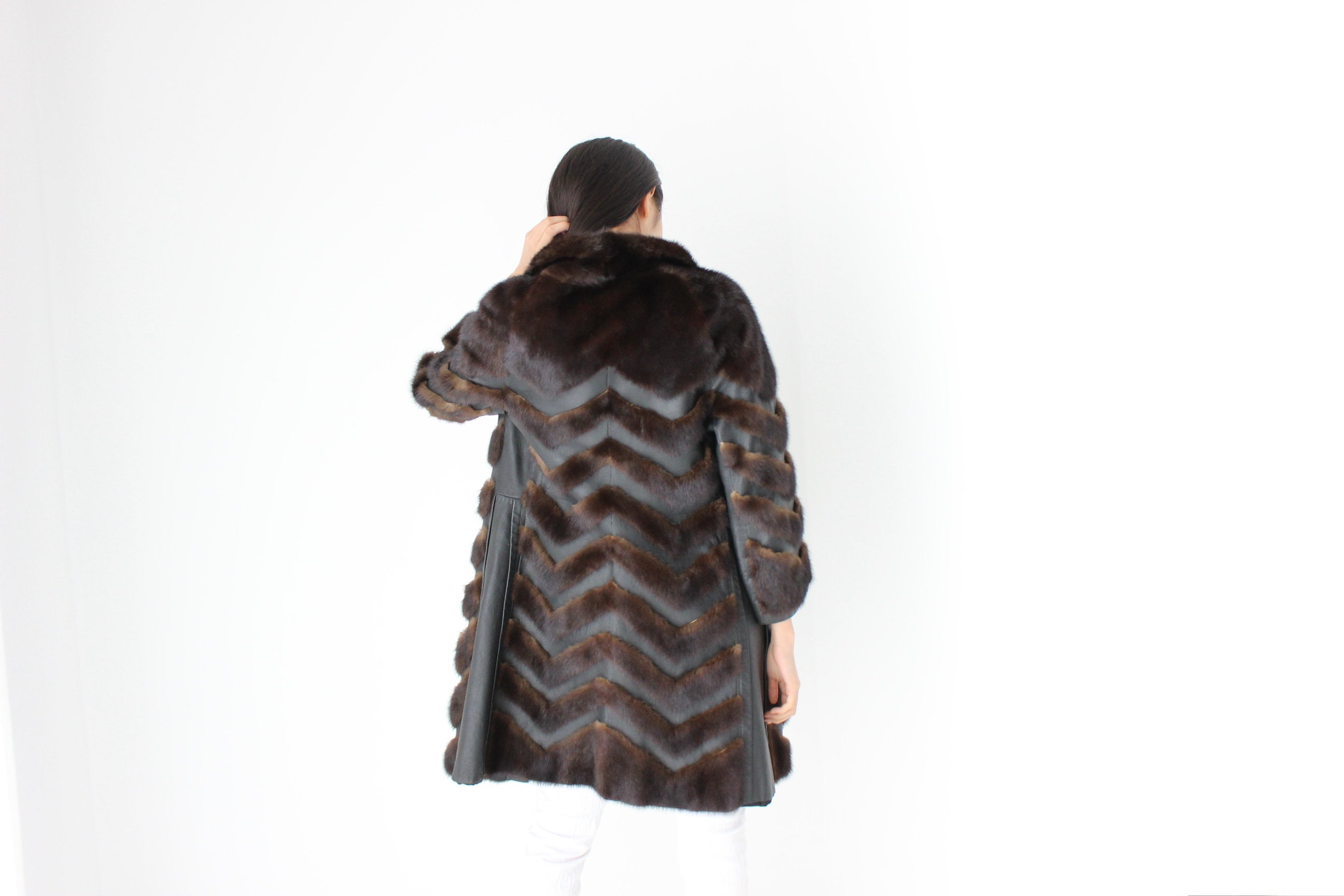 Unbelievable 1980s Custom Made -Leather & Mink- Chevron Trench