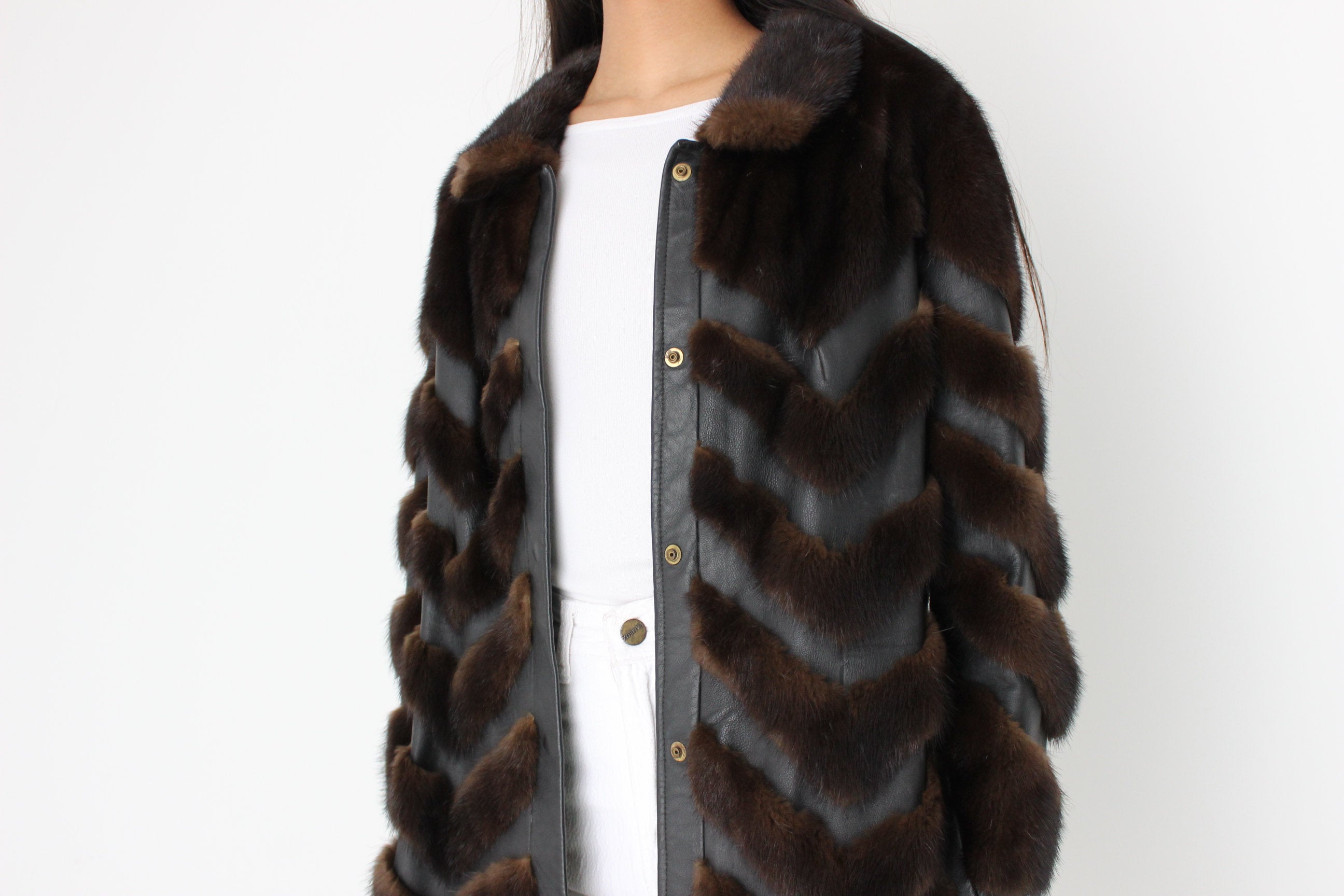 Unbelievable 1980s Custom Made -Leather & Mink- Chevron Trench