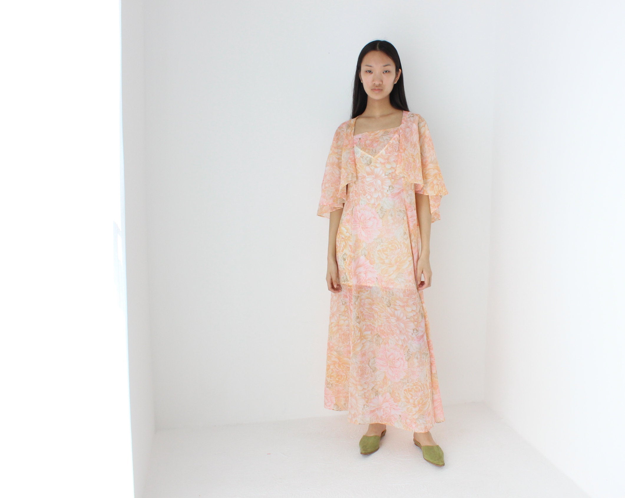 Whimsical Handmade 70s Sheer Pastel Floral Pleated Cape Dress