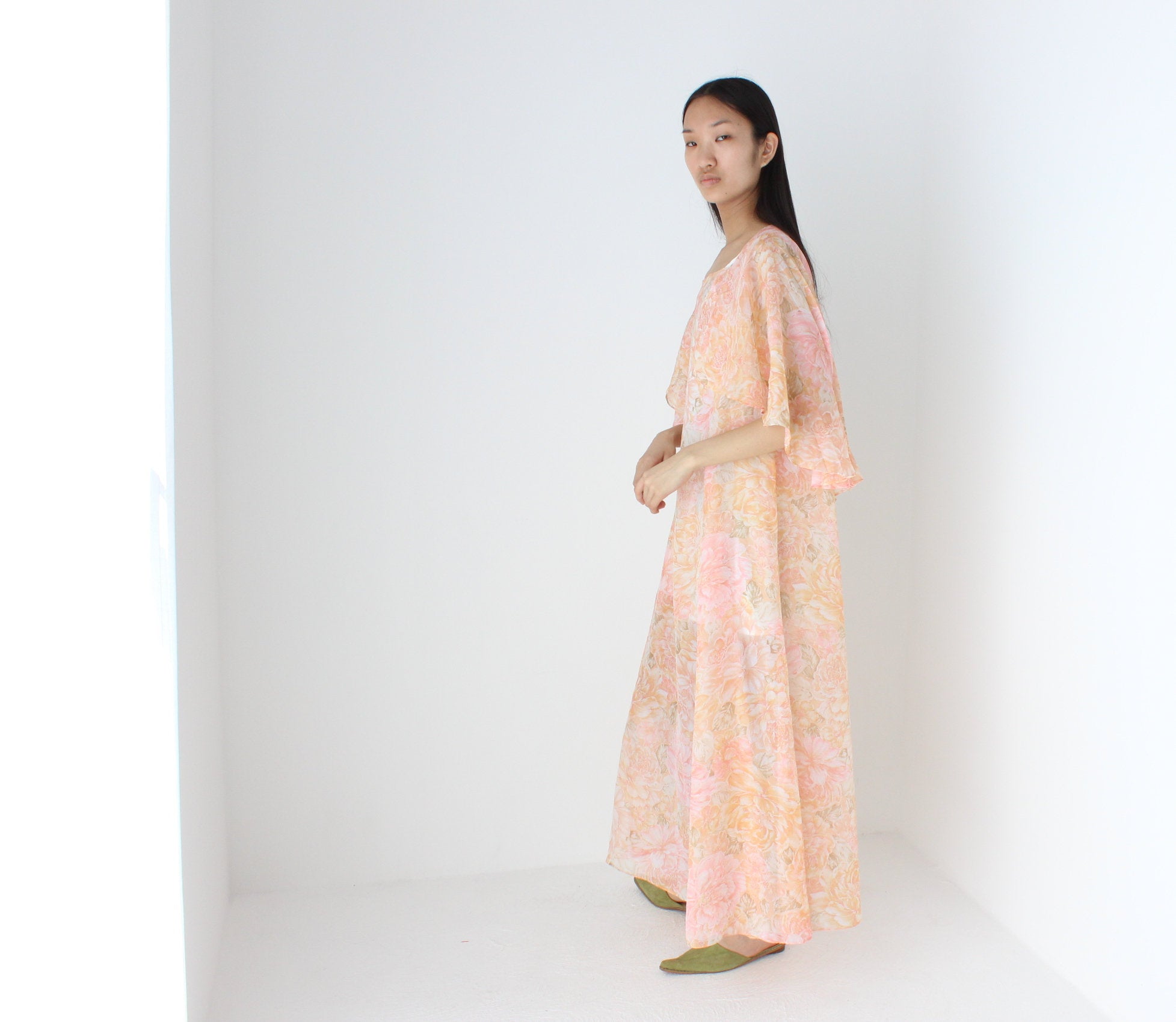 Whimsical Handmade 70s Sheer Pastel Floral Pleated Cape Dress