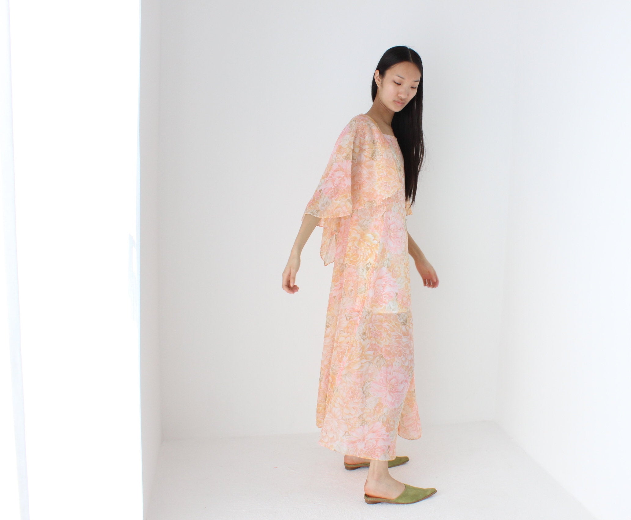 Whimsical Handmade 70s Sheer Pastel Floral Pleated Cape Dress