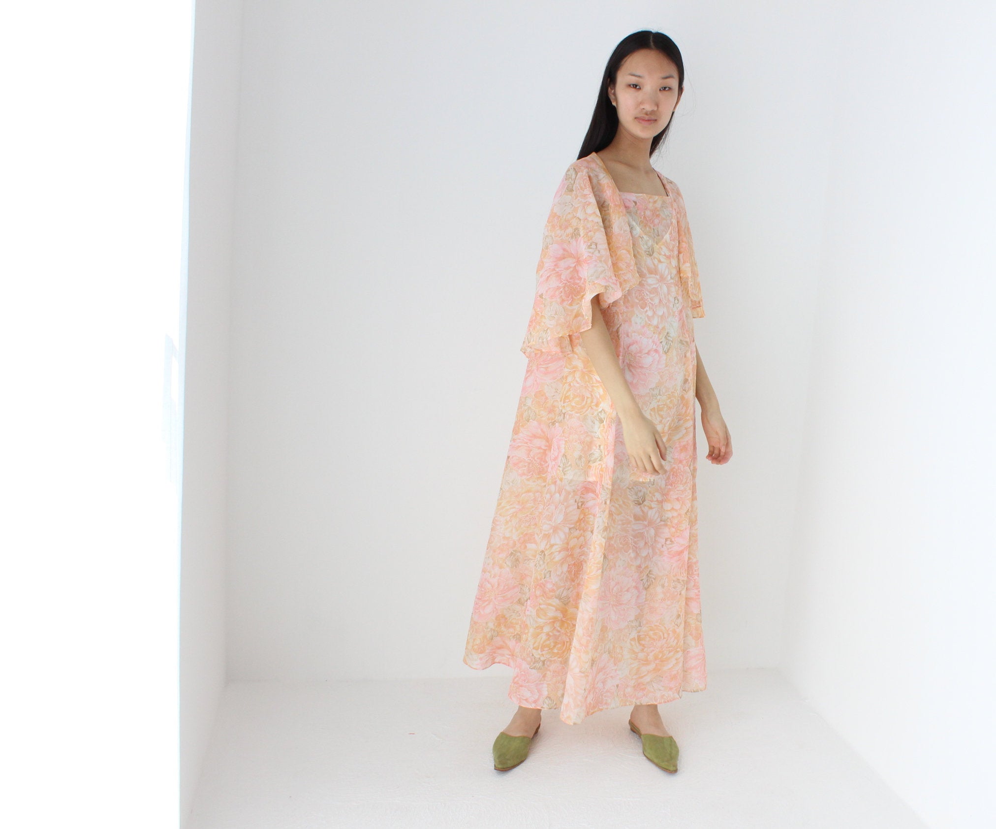 Whimsical Handmade 70s Sheer Pastel Floral Pleated Cape Dress