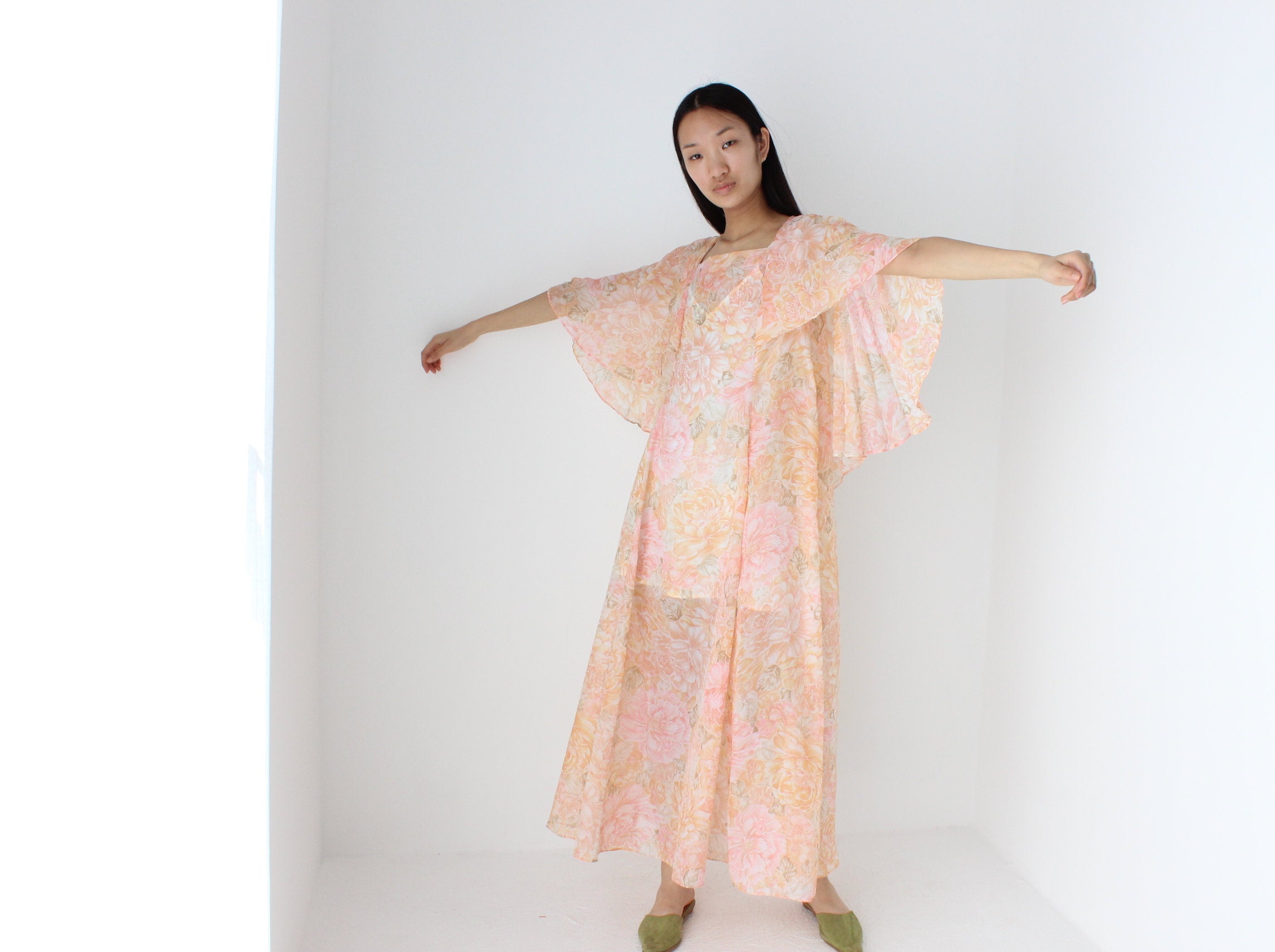 Whimsical Handmade 70s Sheer Pastel Floral Pleated Cape Dress