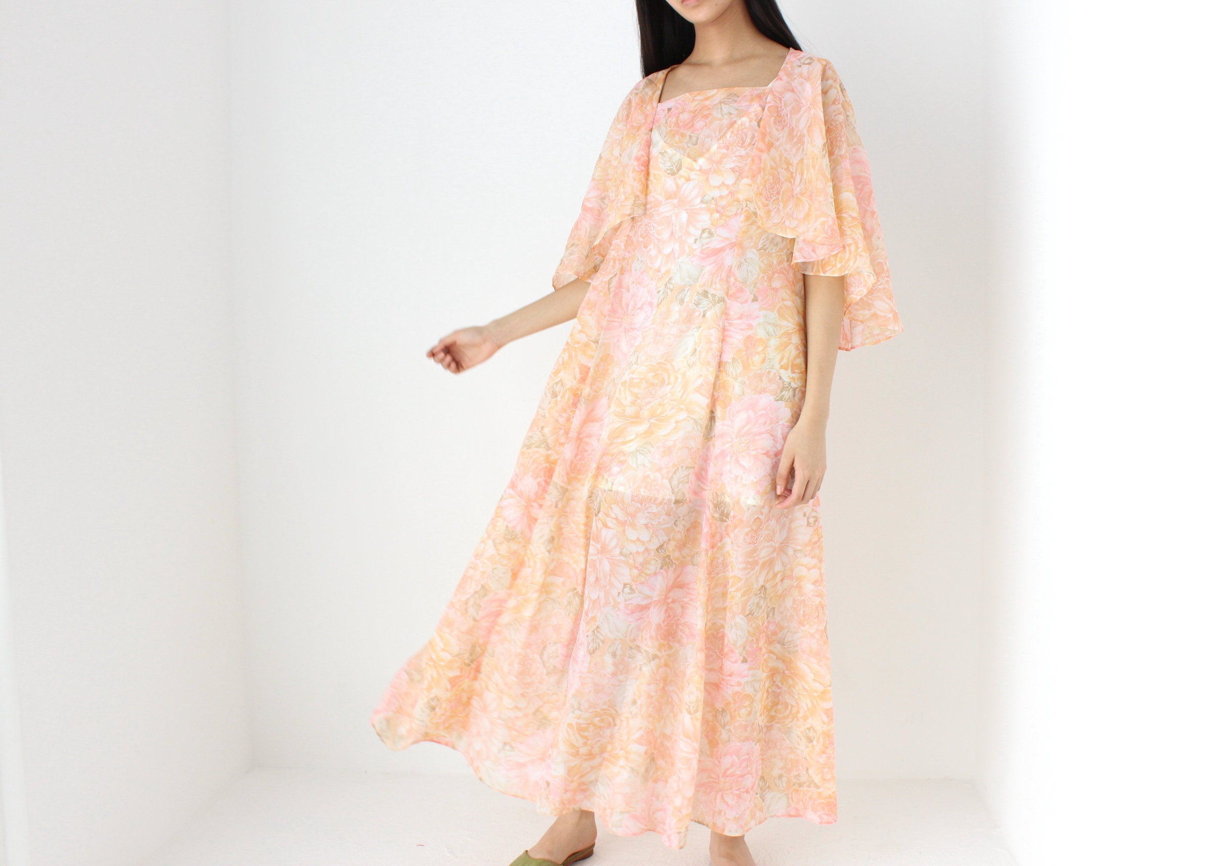 Whimsical Handmade 70s Sheer Pastel Floral Pleated Cape Dress