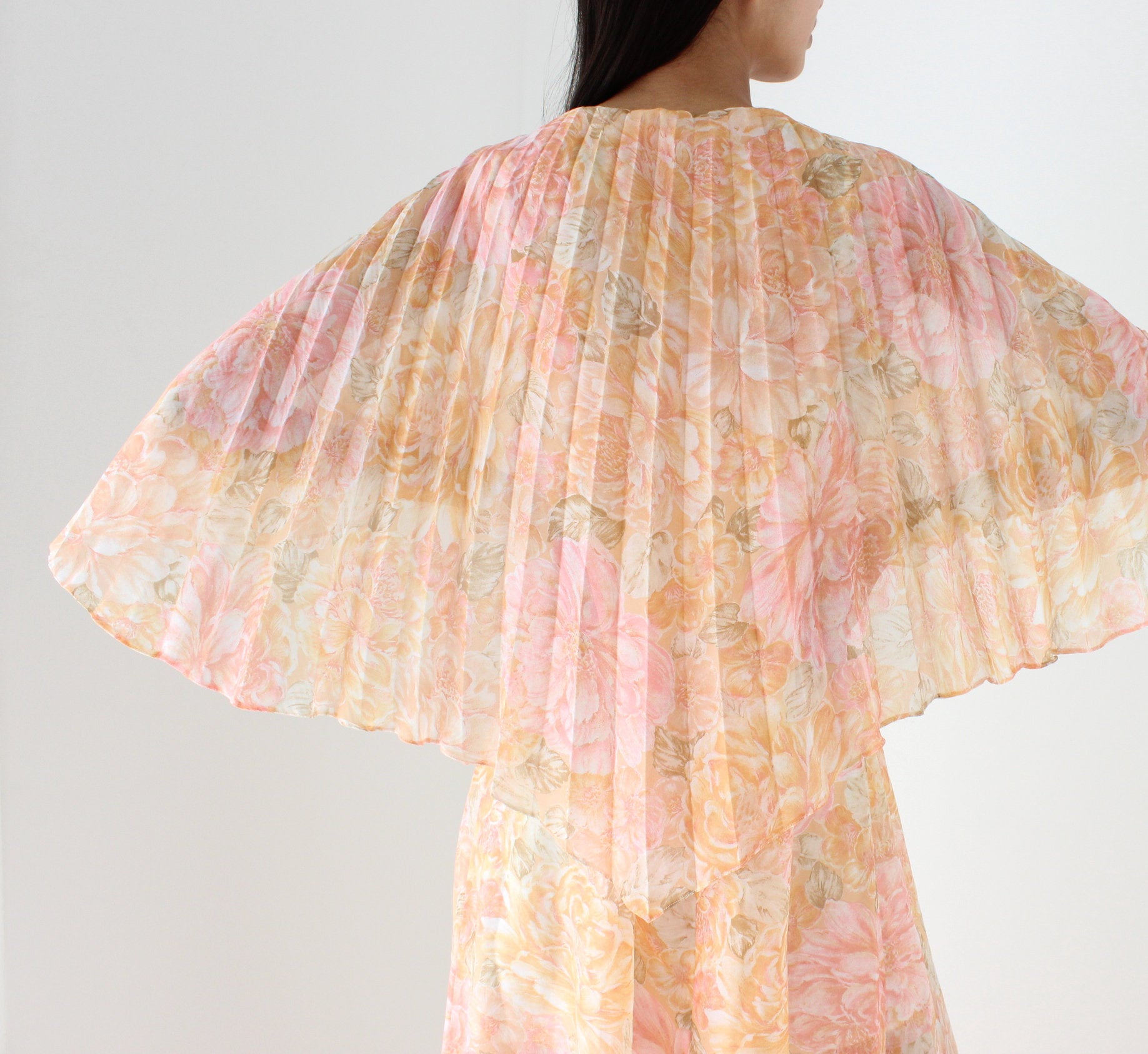 Whimsical Handmade 70s Sheer Pastel Floral Pleated Cape Dress