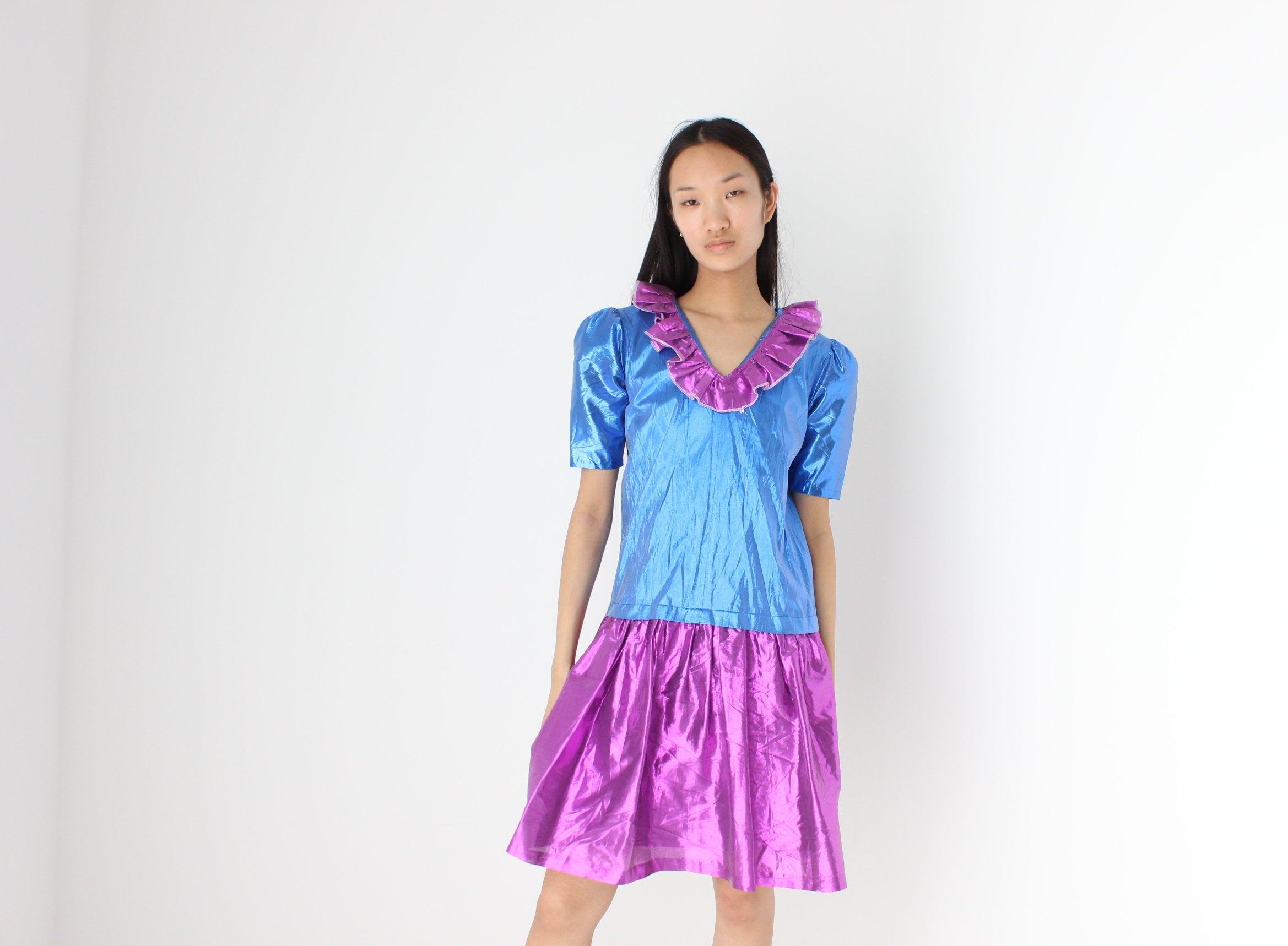 80s Puff Sleeve Lamé Metallic Foil Ruffle Dress