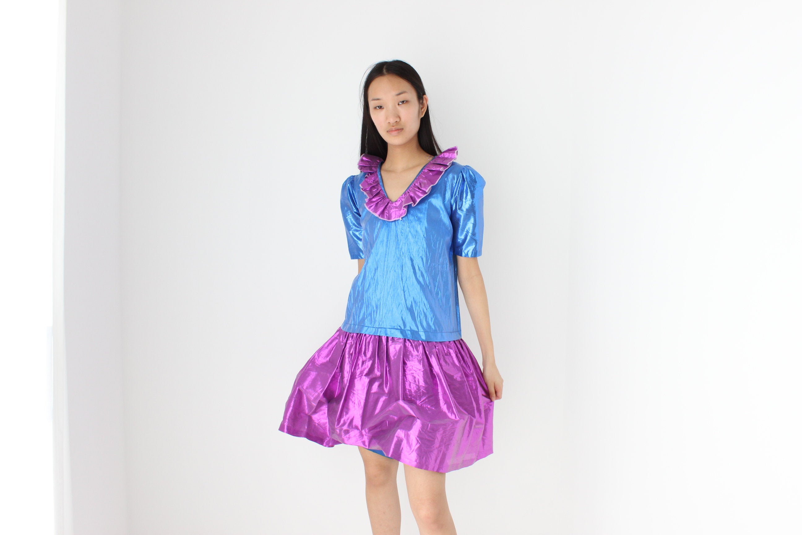 80s Puff Sleeve Lamé Metallic Foil Ruffle Dress
