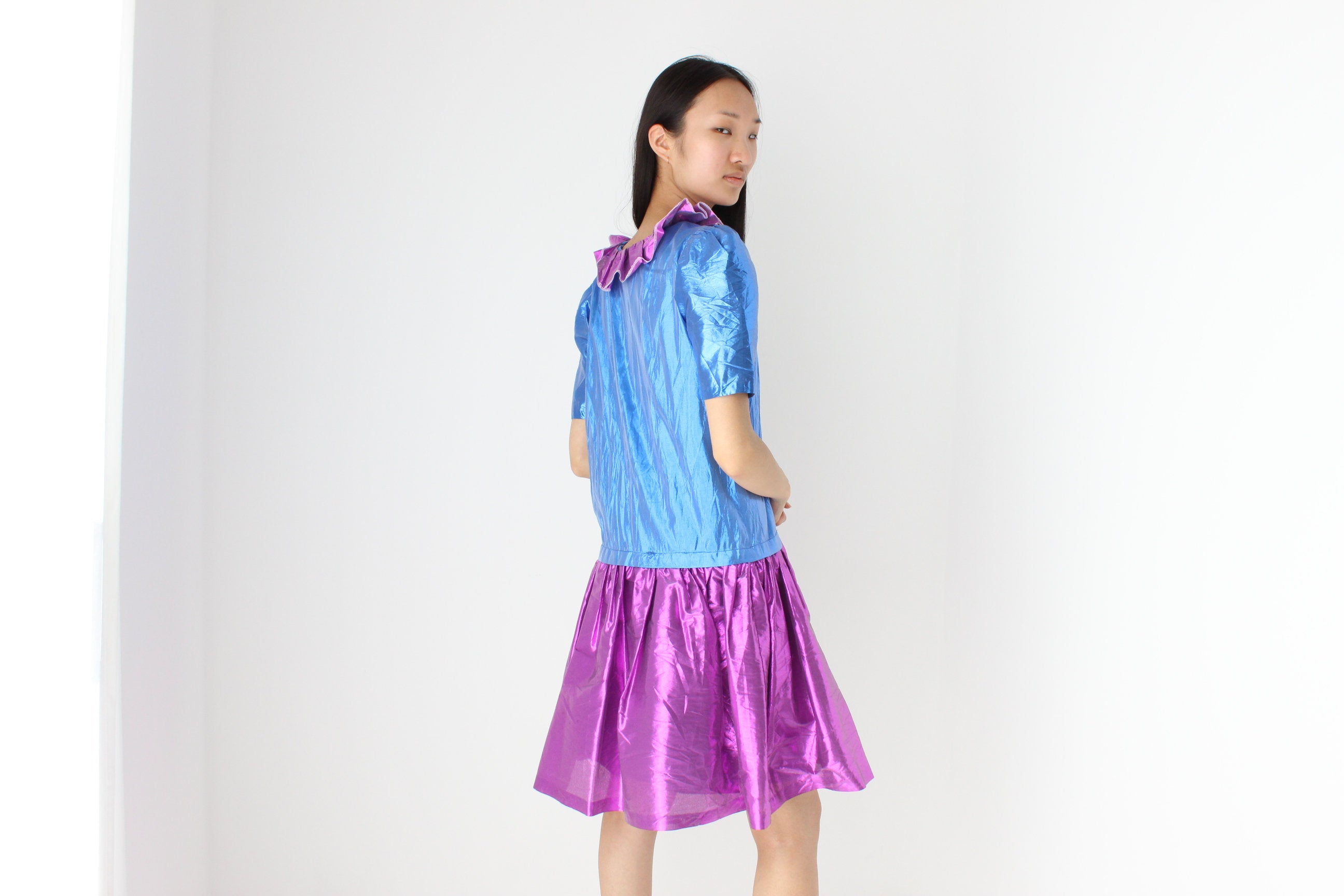 80s Puff Sleeve Lamé Metallic Foil Ruffle Dress