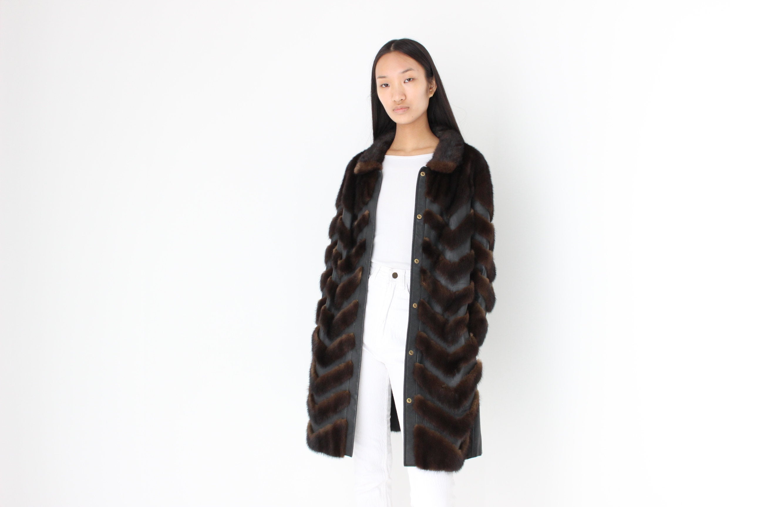 Unbelievable 1980s Custom Made -Leather & Mink- Chevron Trench