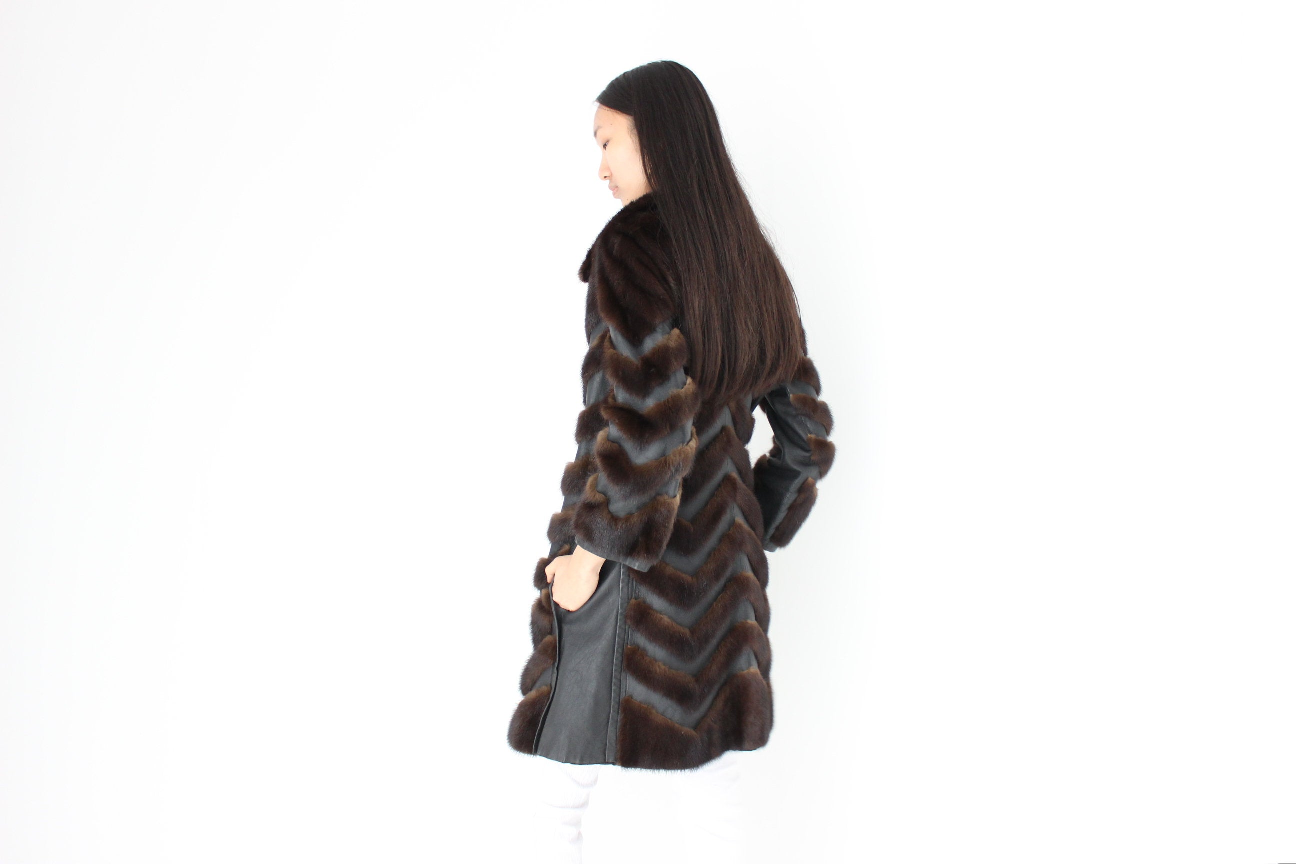 Unbelievable 1980s Custom Made -Leather & Mink- Chevron Trench