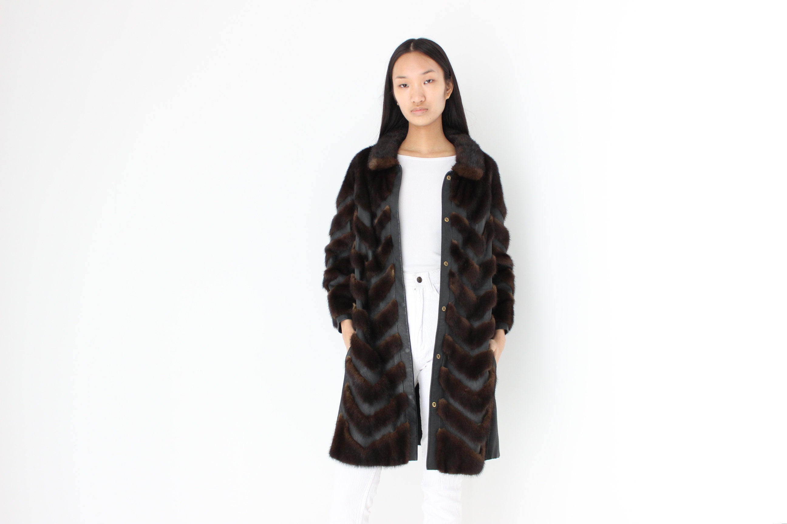 Unbelievable 1980s Custom Made -Leather & Mink- Chevron Trench