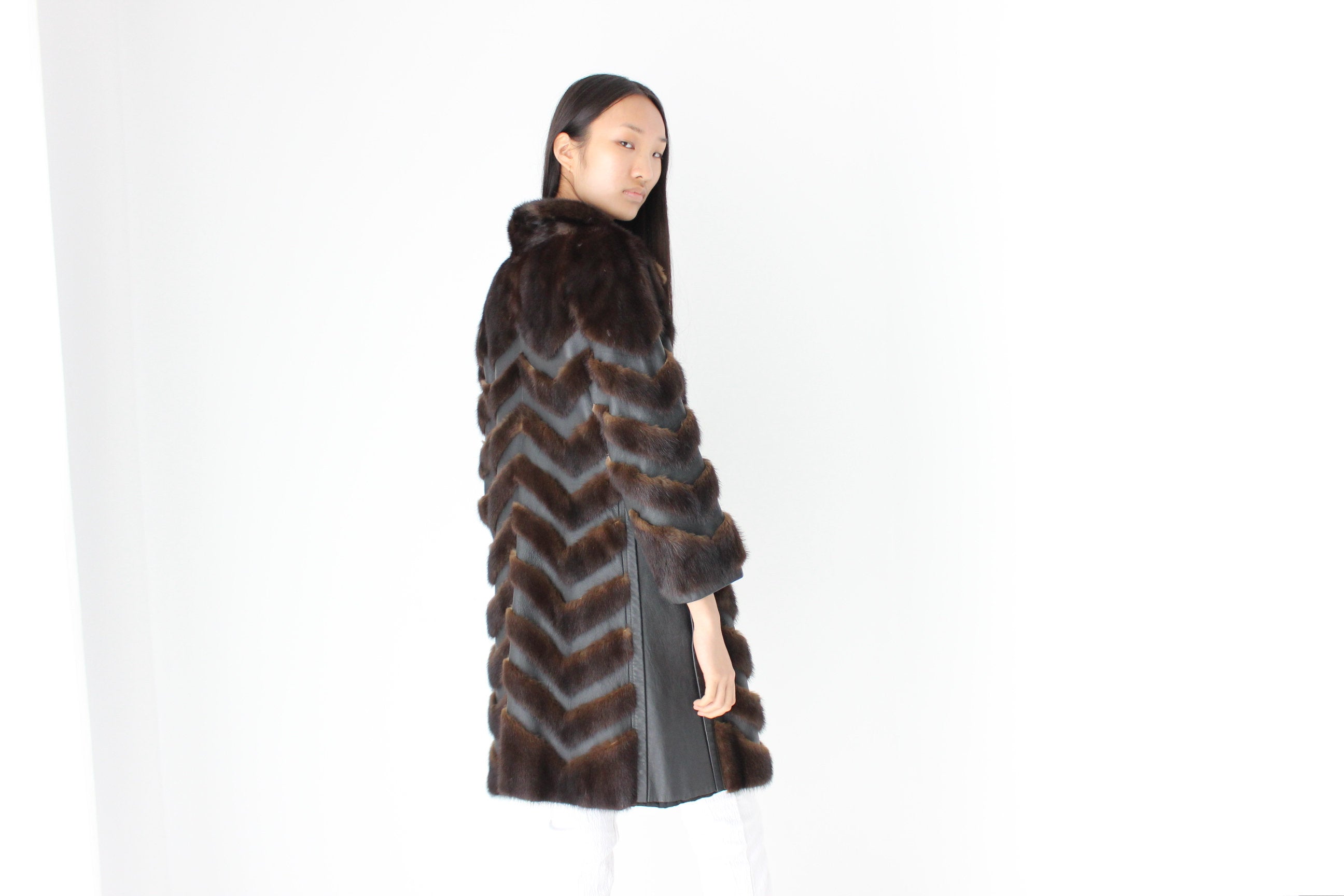 Unbelievable 1980s Custom Made -Leather & Mink- Chevron Trench