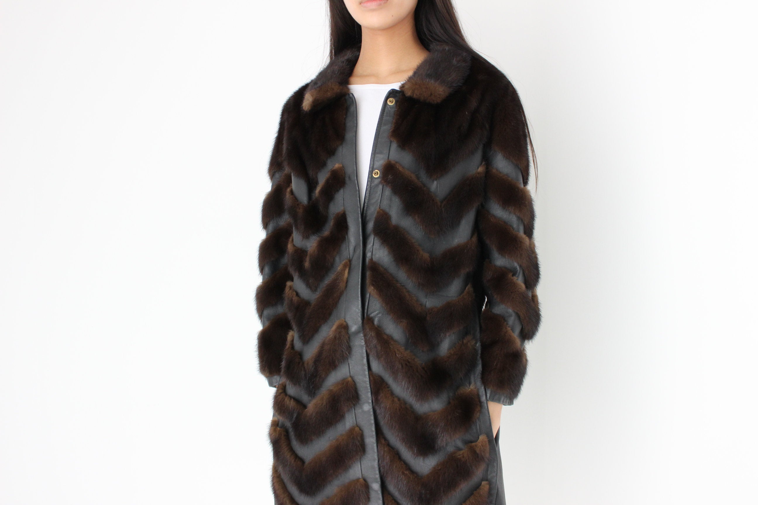 Unbelievable 1980s Custom Made -Leather & Mink- Chevron Trench