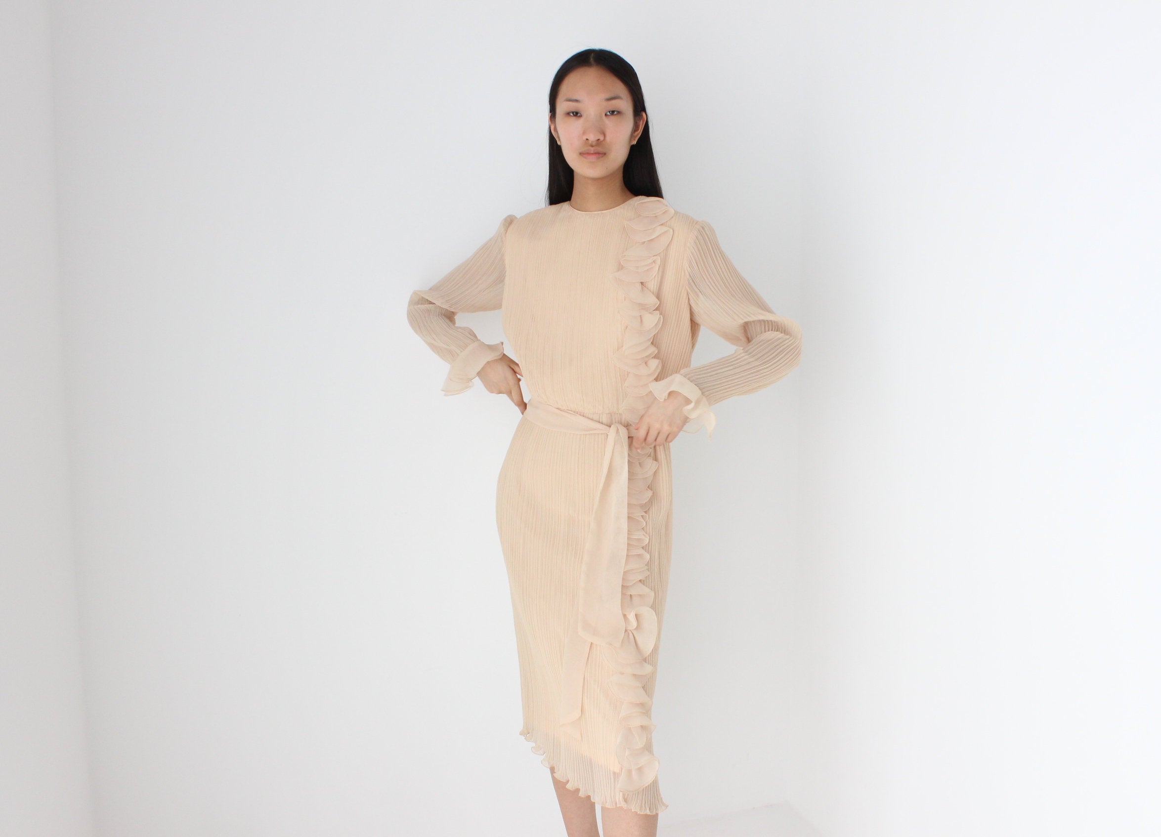 Divine 80s Buttermilk Plisse Origami Ruffle Dress